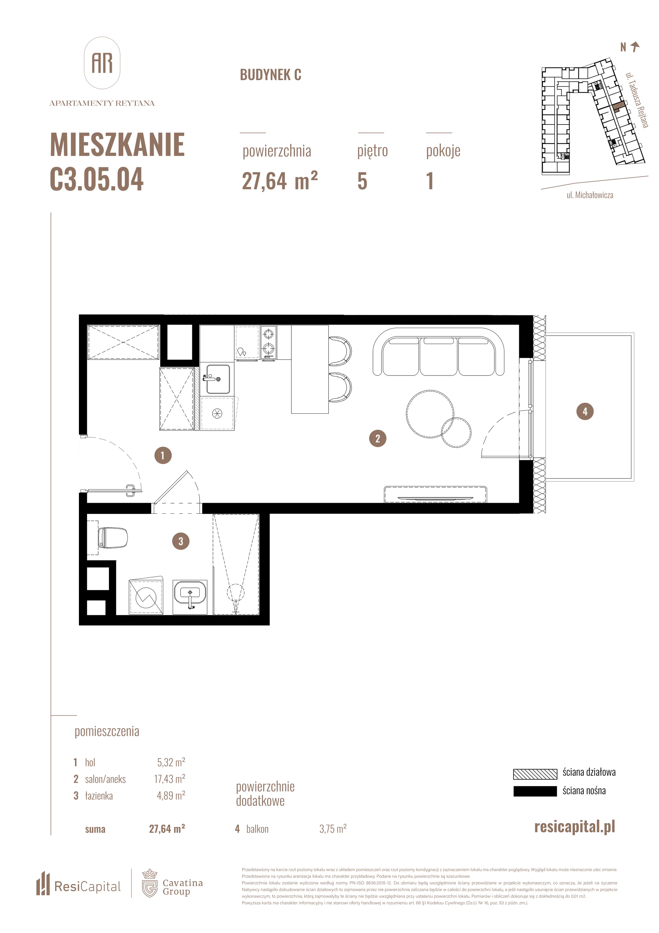 Mieszkanie 27,64 m², piętro 5, oferta nr C3.05.04, Apartamenty Reytana, Bielsko-Biała, ul. Rejtana 3