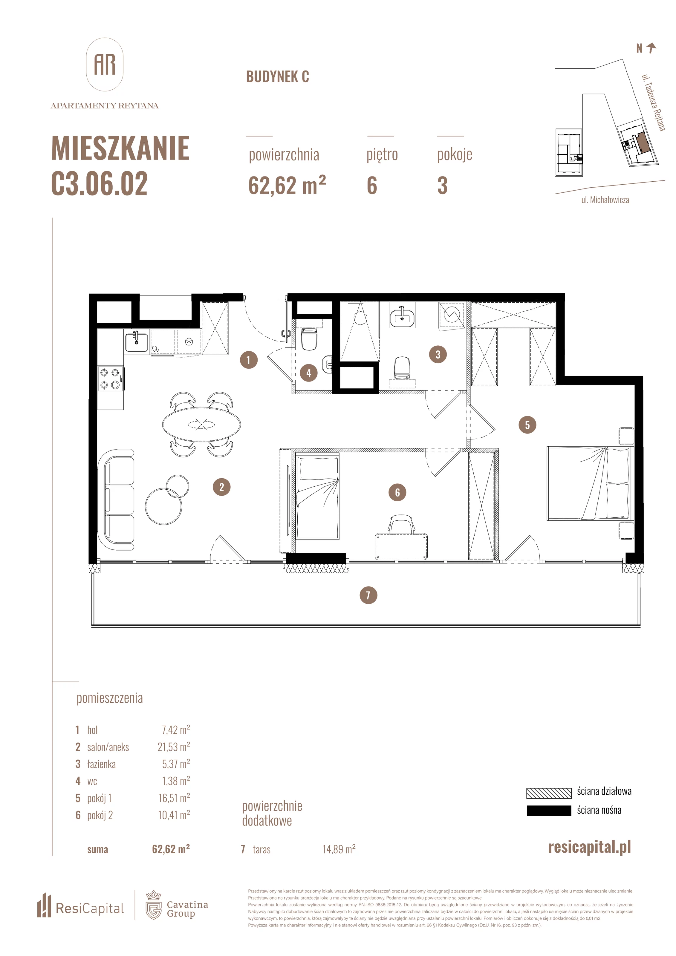 3 pokoje, mieszkanie 62,62 m², piętro 6, oferta nr C3.06.02, Apartamenty Reytana, Bielsko-Biała, ul. Rejtana 3