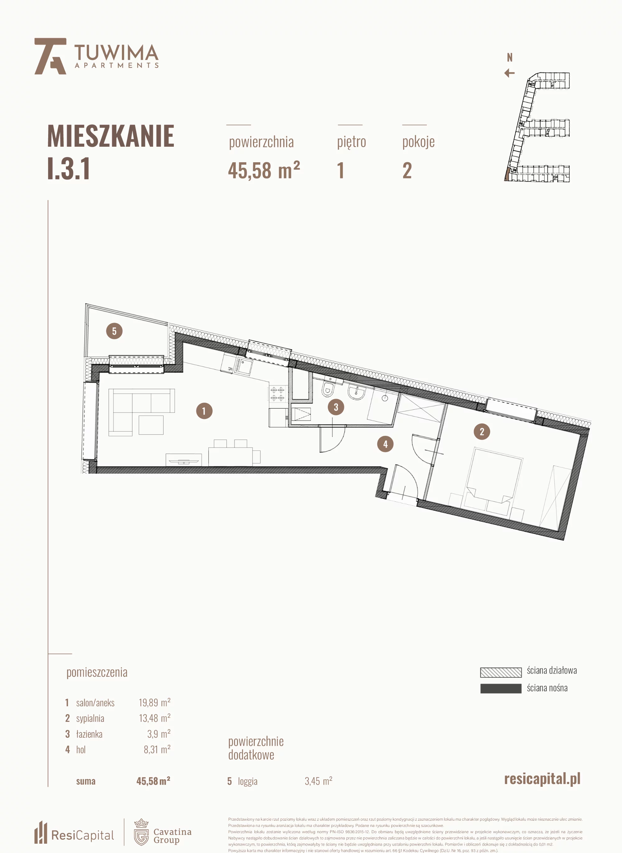 Mieszkanie 45,58 m², piętro 1, oferta nr I.3.1, Apartamenty Tuwima, Łódź, Śródmieście, ul. Juliana Tuwima