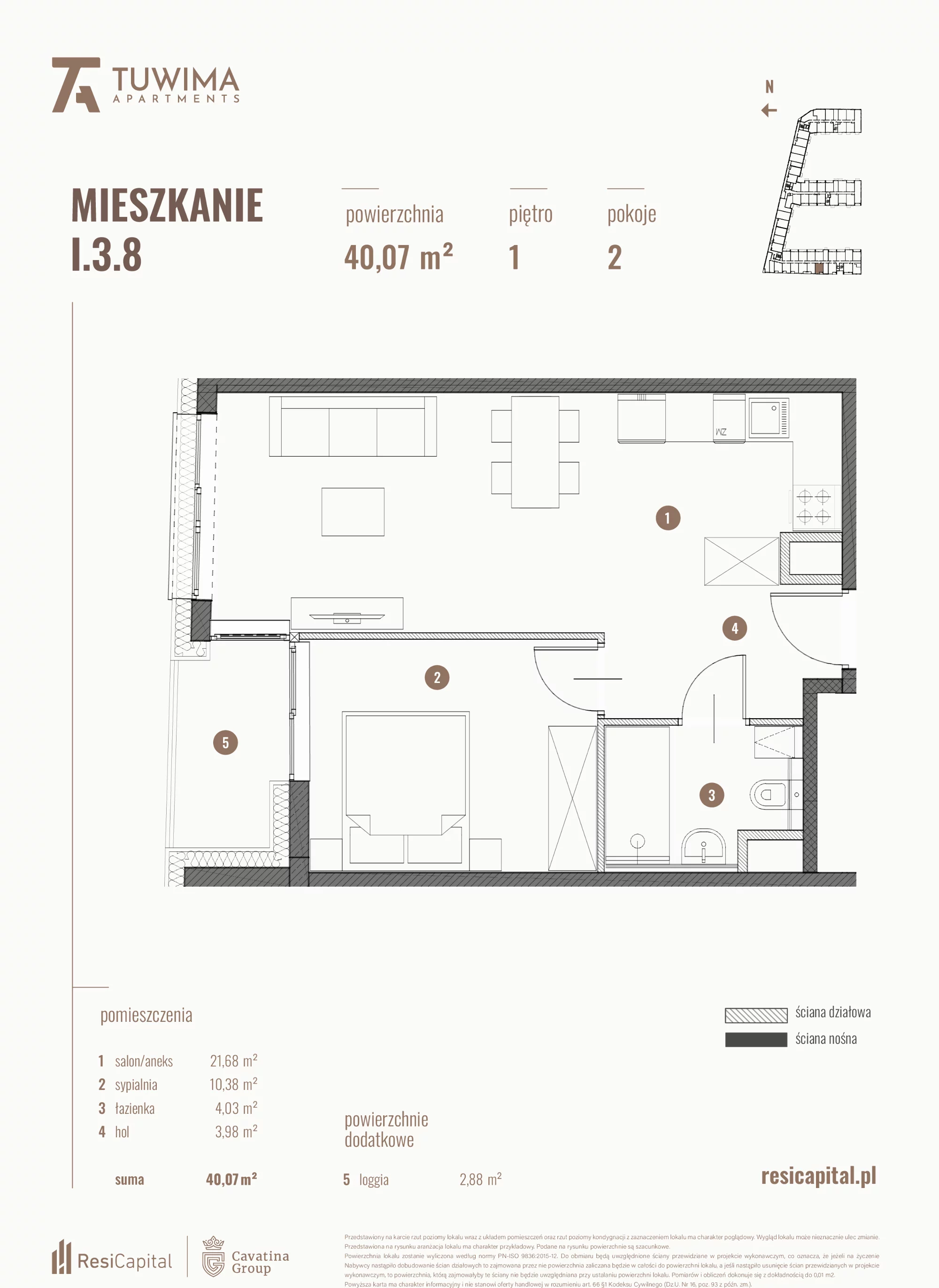 Mieszkanie 40,21 m², piętro 1, oferta nr I.3.8, Apartamenty Tuwima, Łódź, Śródmieście, ul. Juliana Tuwima