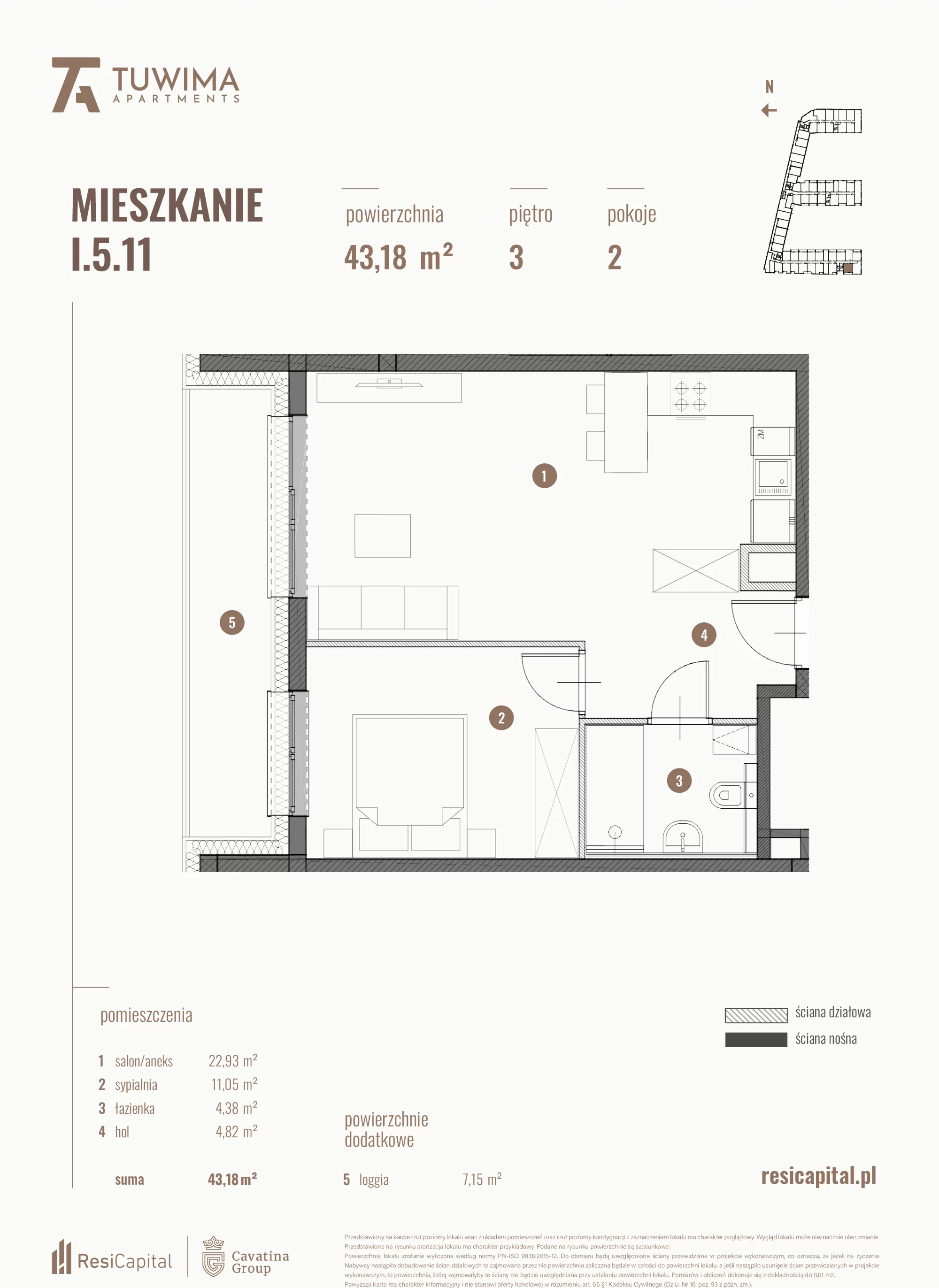 Mieszkanie 43,18 m², piętro 3, oferta nr I.5.11, Apartamenty Tuwima, Łódź, Śródmieście, ul. Juliana Tuwima