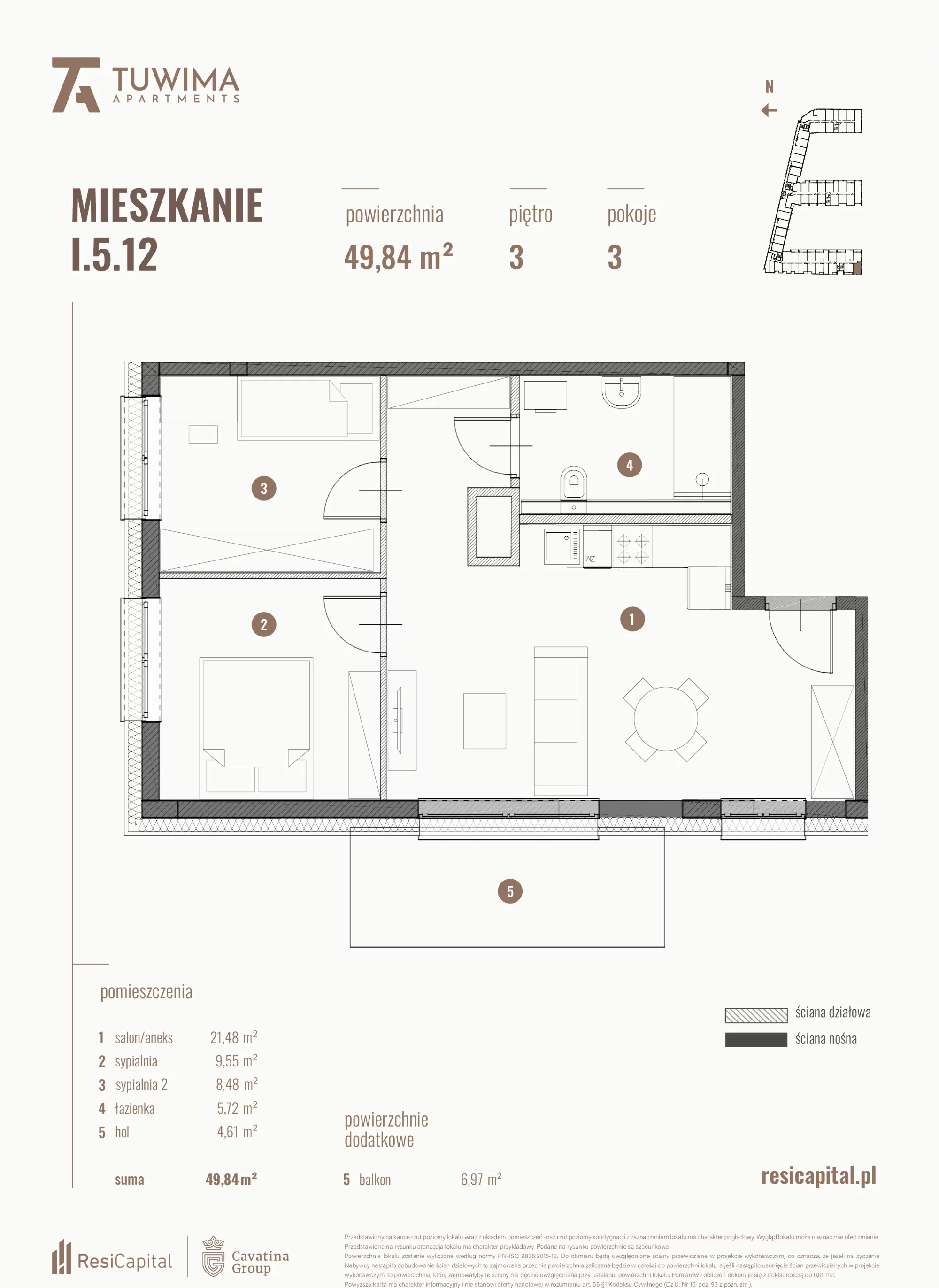 3 pokoje, mieszkanie 49,84 m², piętro 3, oferta nr I.5.12, Apartamenty Tuwima, Łódź, Śródmieście, ul. Juliana Tuwima