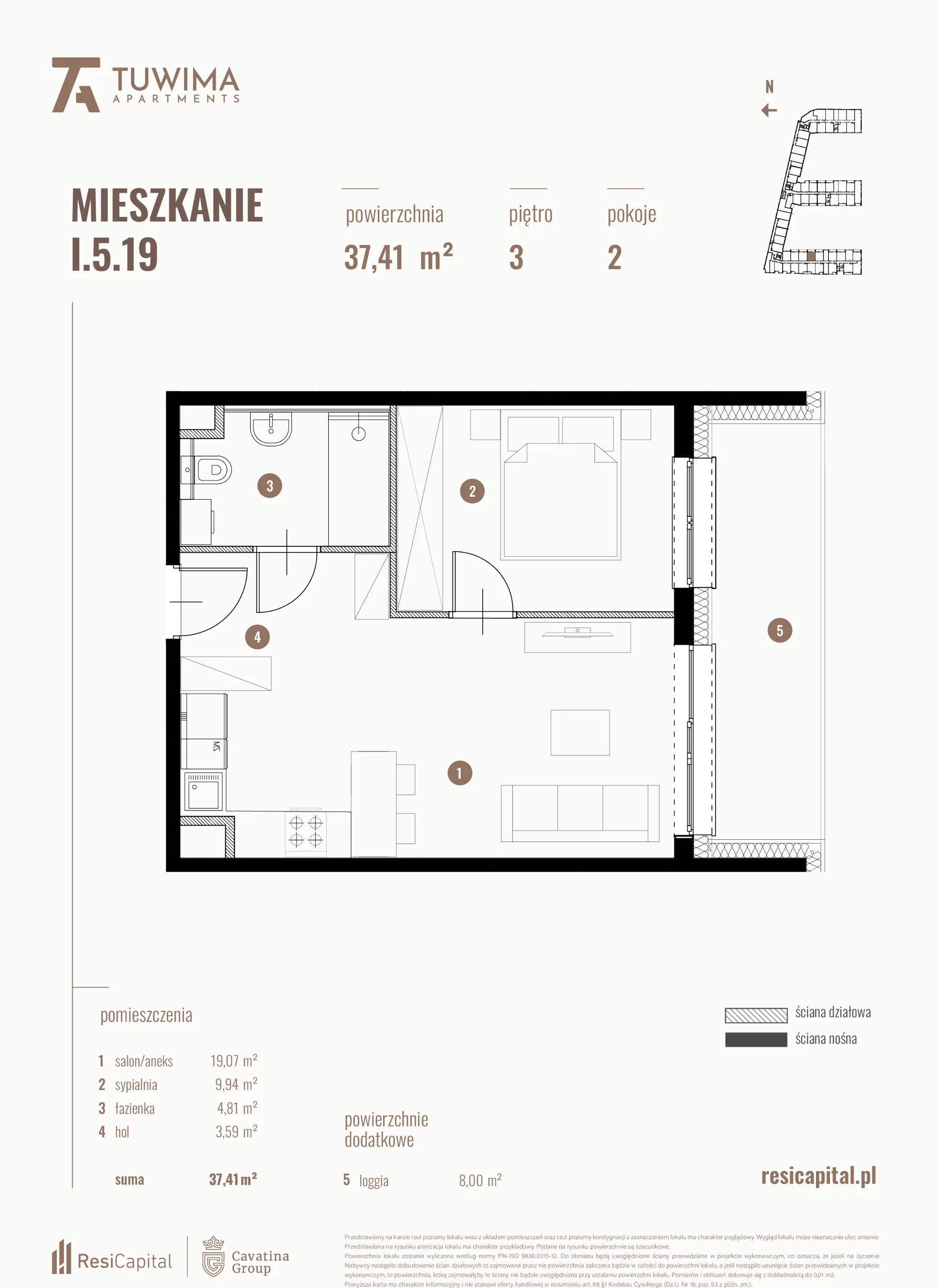 Mieszkanie 37,41 m², piętro 3, oferta nr I.5.19, Apartamenty Tuwima, Łódź, Śródmieście, ul. Juliana Tuwima