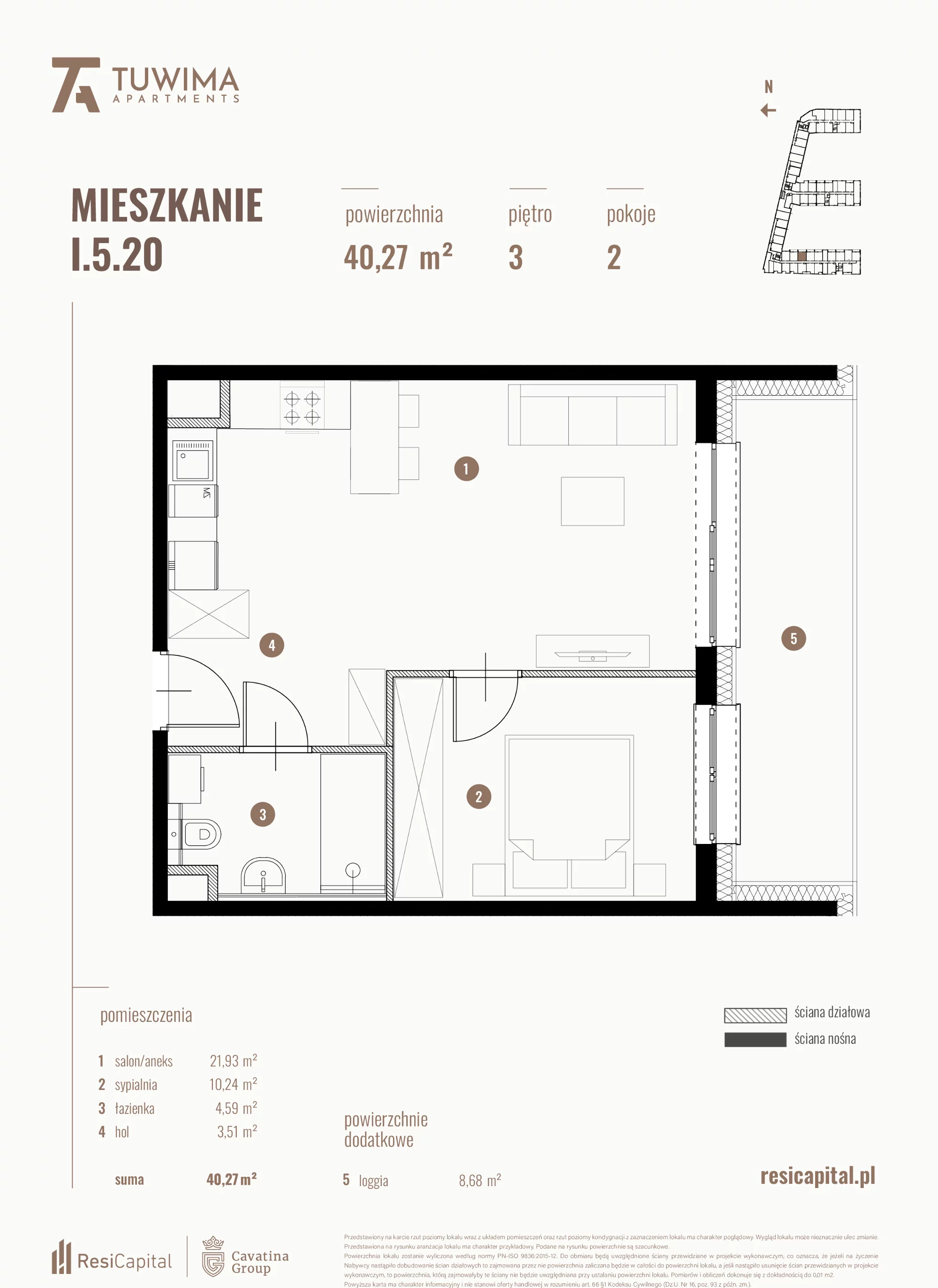 Mieszkanie 40,27 m², piętro 3, oferta nr I.5.20, Apartamenty Tuwima, Łódź, Śródmieście, ul. Juliana Tuwima