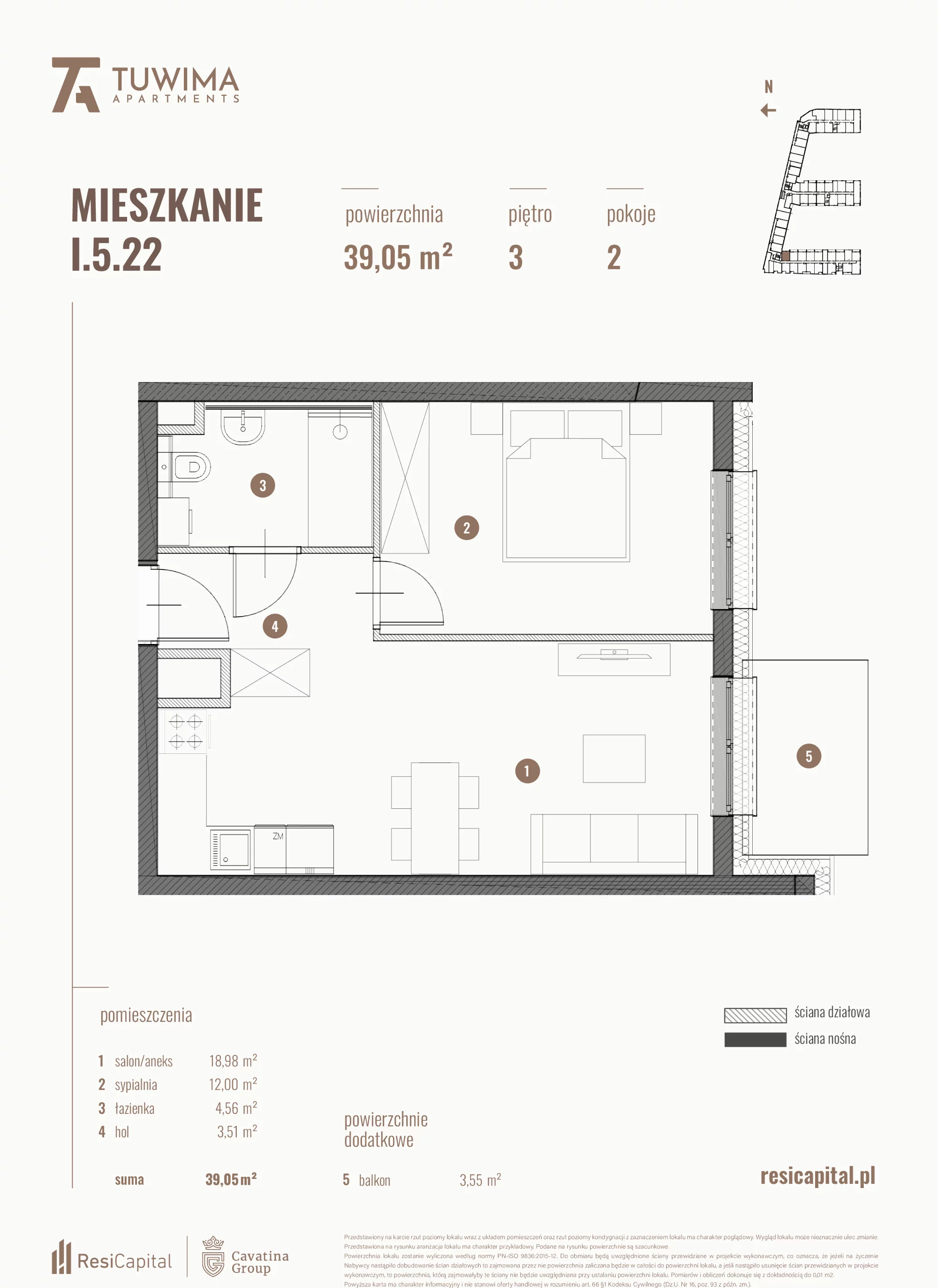 Mieszkanie 39,05 m², piętro 3, oferta nr I.5.22, Apartamenty Tuwima, Łódź, Śródmieście, ul. Juliana Tuwima