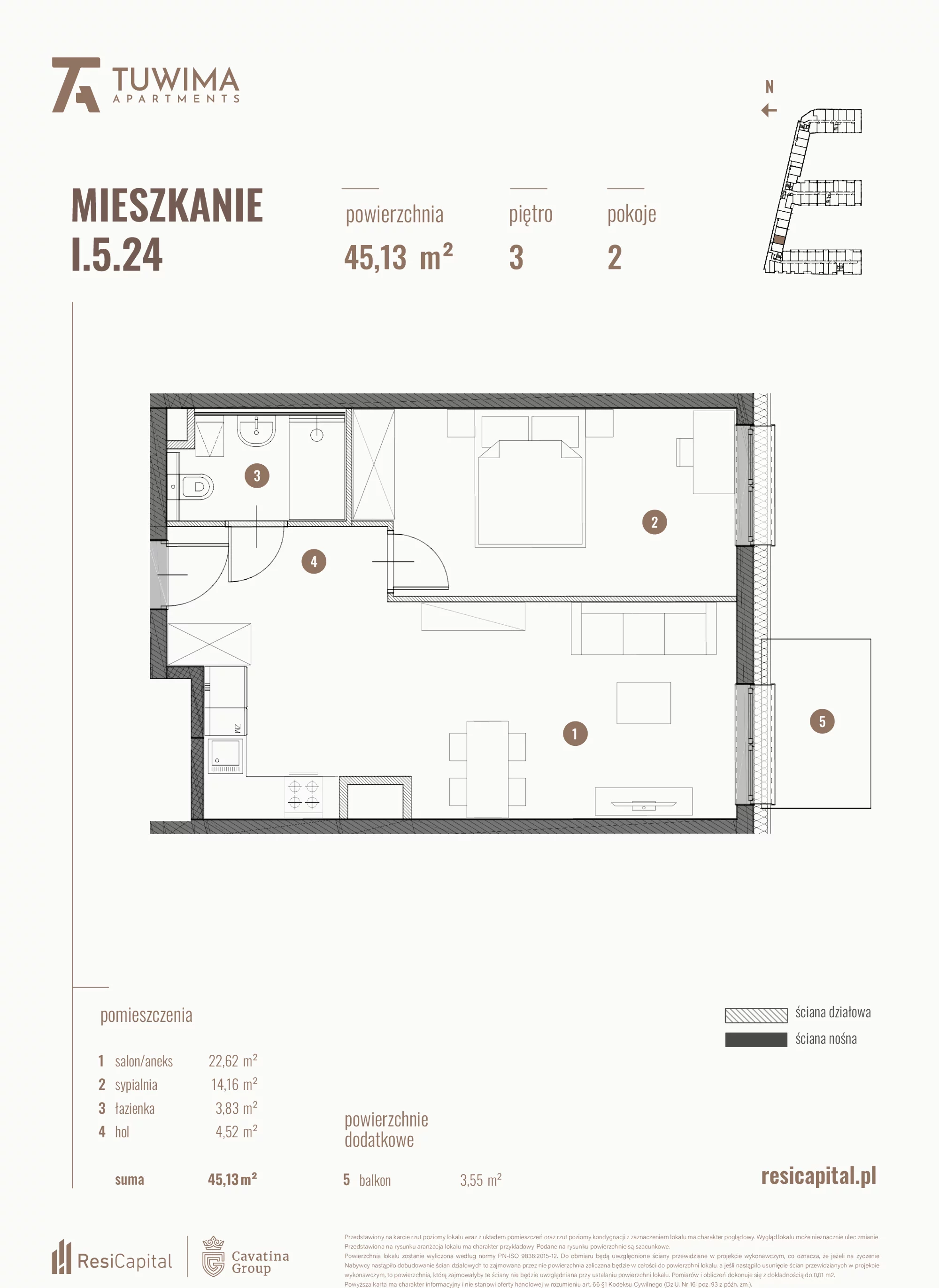 Mieszkanie 45,13 m², piętro 3, oferta nr I.5.24, Apartamenty Tuwima, Łódź, Śródmieście, ul. Juliana Tuwima