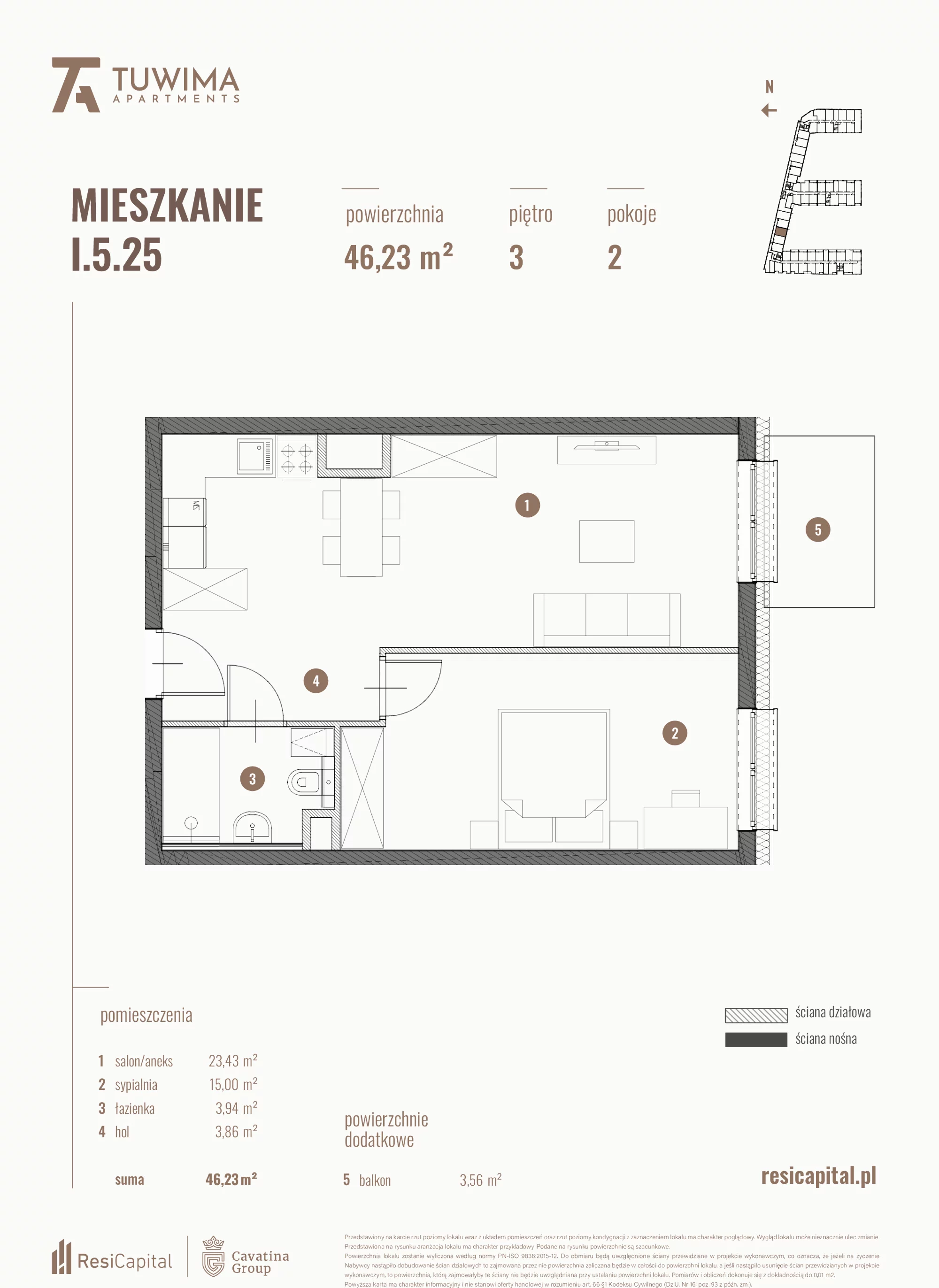 Mieszkanie 46,23 m², piętro 3, oferta nr I.5.25, Apartamenty Tuwima, Łódź, Śródmieście, ul. Juliana Tuwima