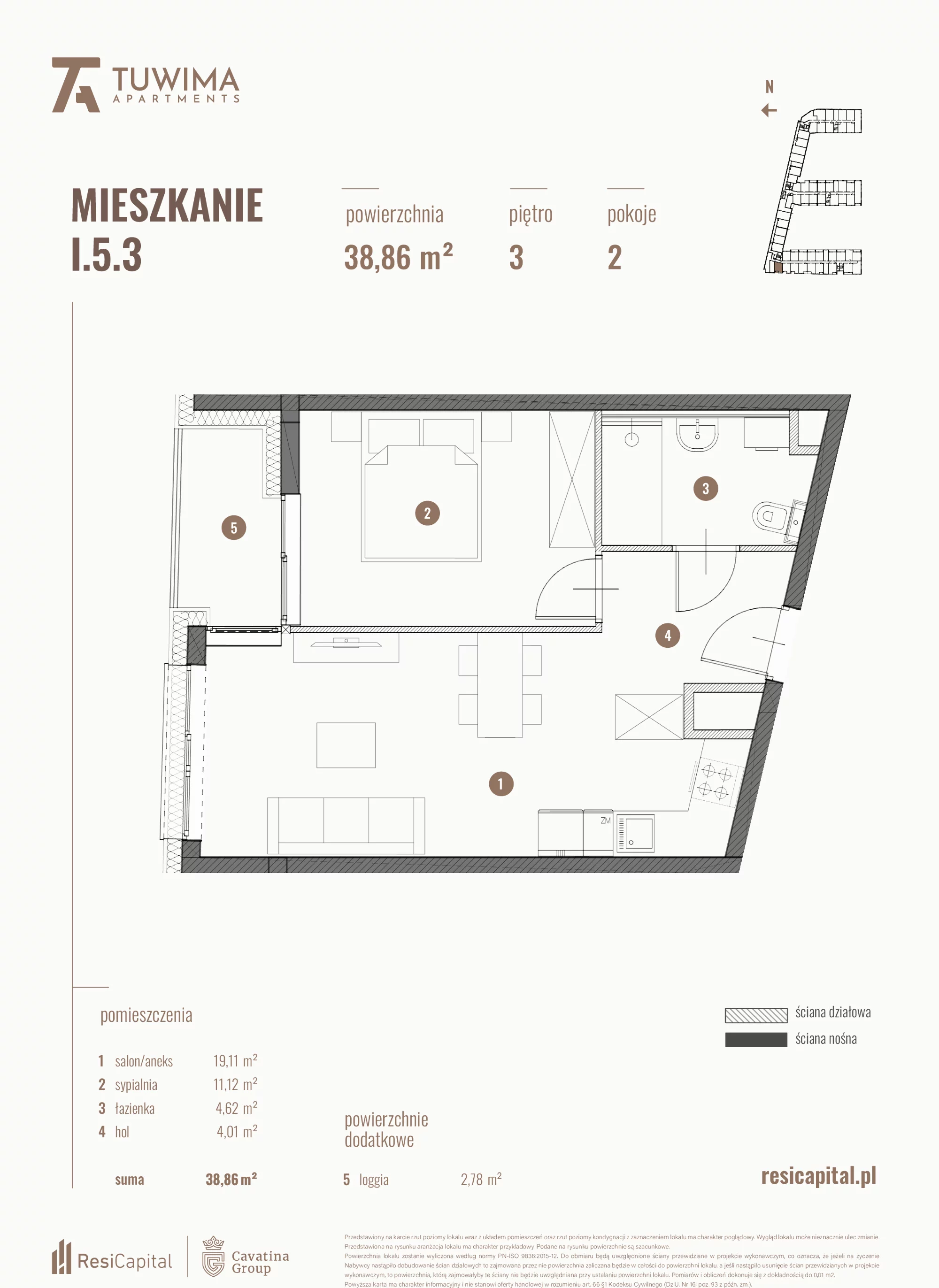 Mieszkanie 38,86 m², piętro 3, oferta nr I.5.3, Apartamenty Tuwima, Łódź, Śródmieście, ul. Juliana Tuwima