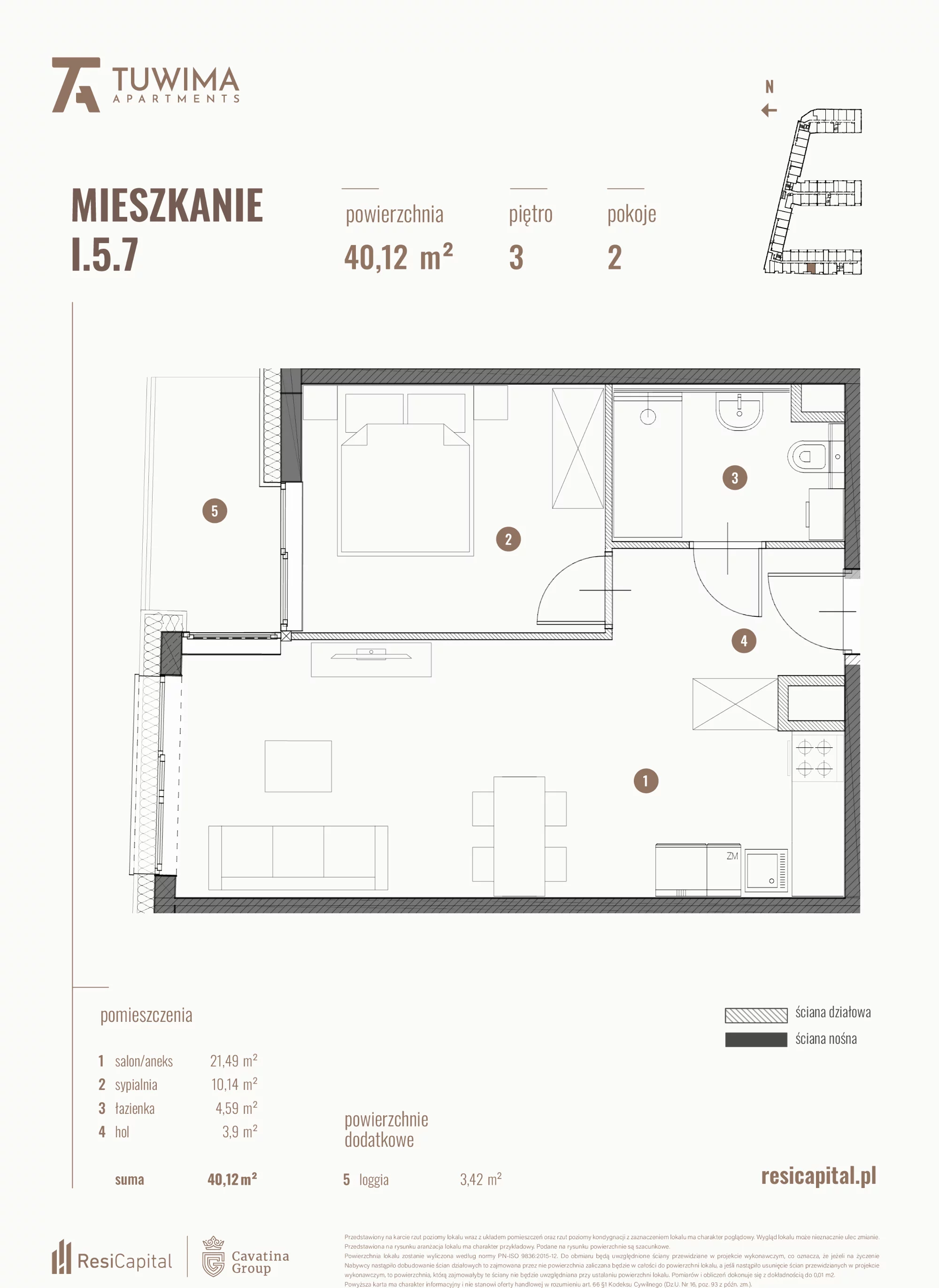 Mieszkanie 40,12 m², piętro 3, oferta nr I.5.7, Apartamenty Tuwima, Łódź, Śródmieście, ul. Juliana Tuwima