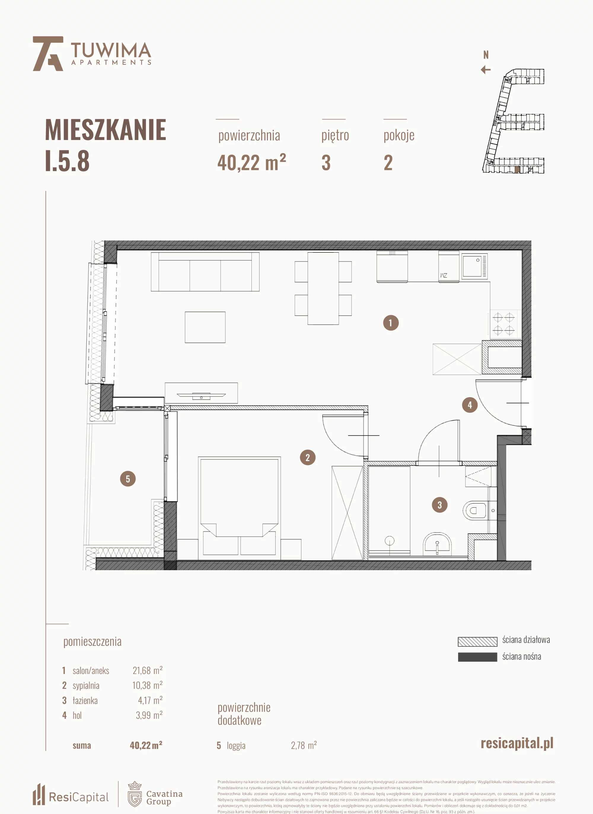 Mieszkanie 40,22 m², piętro 3, oferta nr I.5.8, Apartamenty Tuwima, Łódź, Śródmieście, ul. Juliana Tuwima