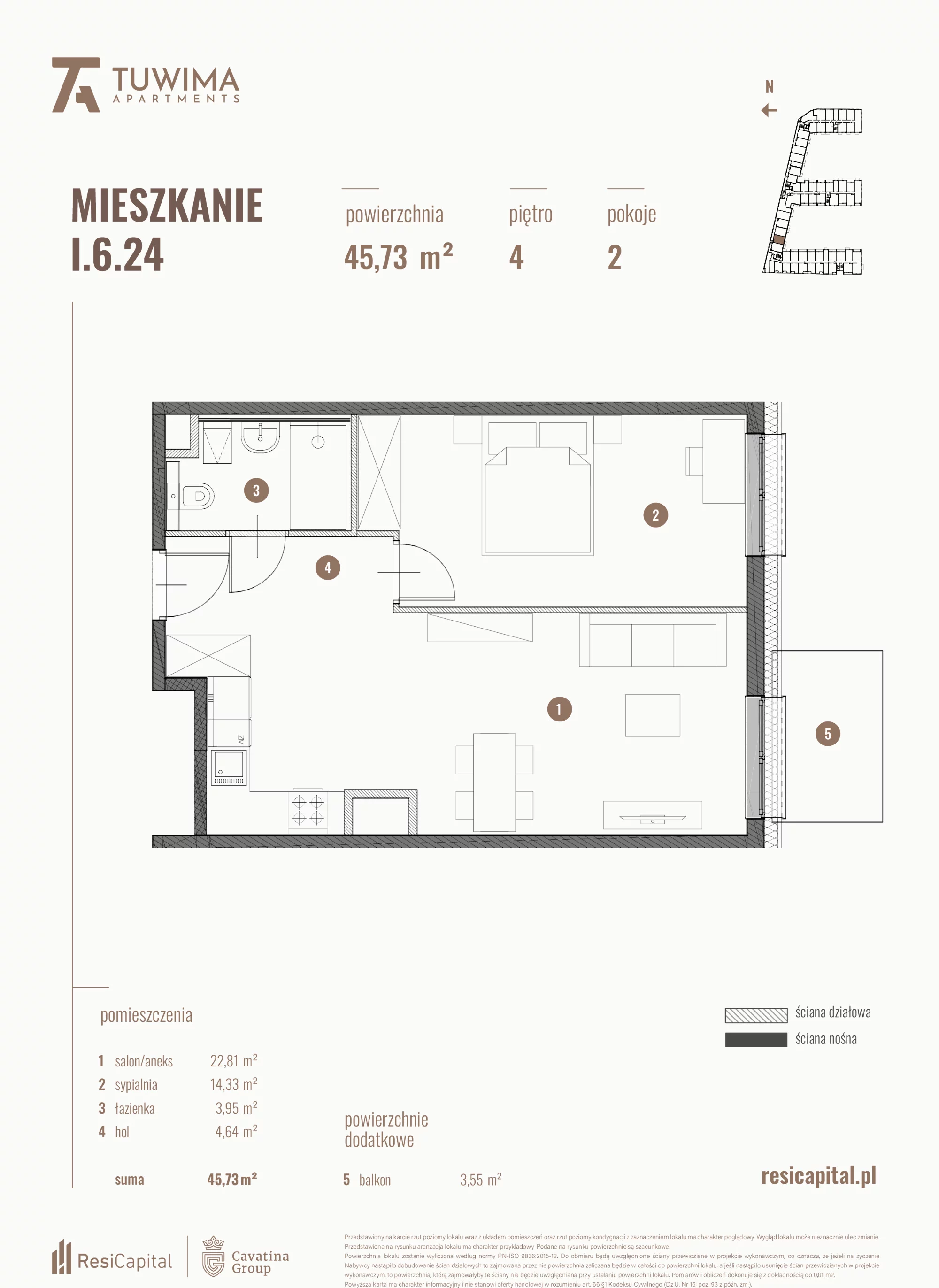 Mieszkanie 45,73 m², piętro 4, oferta nr I.6.24, Apartamenty Tuwima, Łódź, Śródmieście, ul. Juliana Tuwima