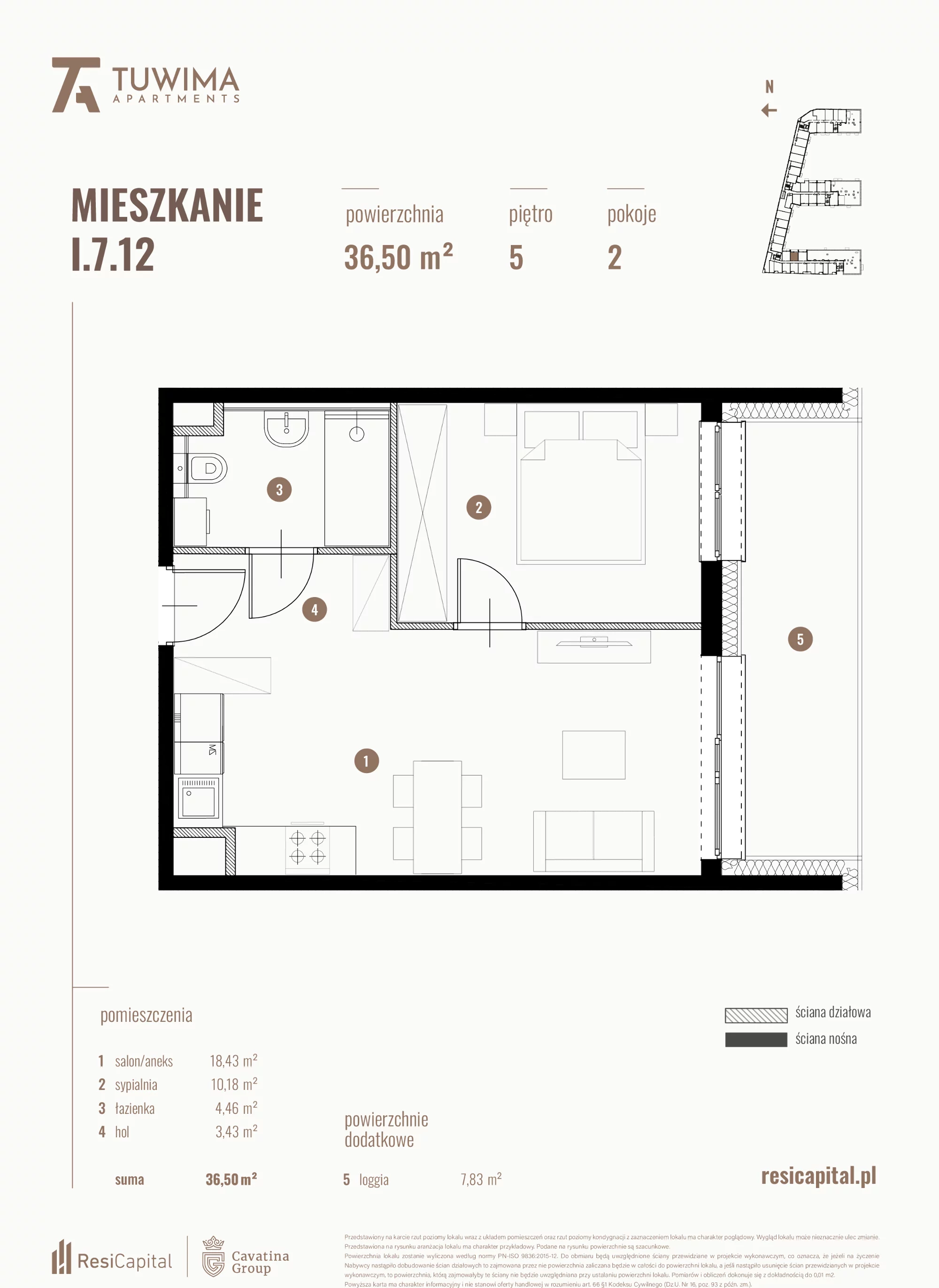 Mieszkanie 36,50 m², piętro 5, oferta nr I.7.12, Apartamenty Tuwima, Łódź, Śródmieście, ul. Juliana Tuwima