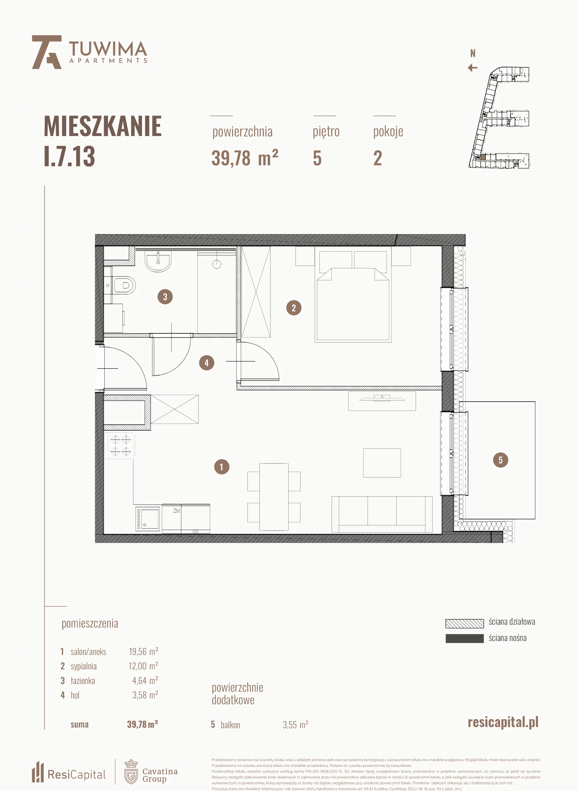 Mieszkanie 39,78 m², piętro 5, oferta nr I.7.13, Apartamenty Tuwima, Łódź, Śródmieście, ul. Juliana Tuwima