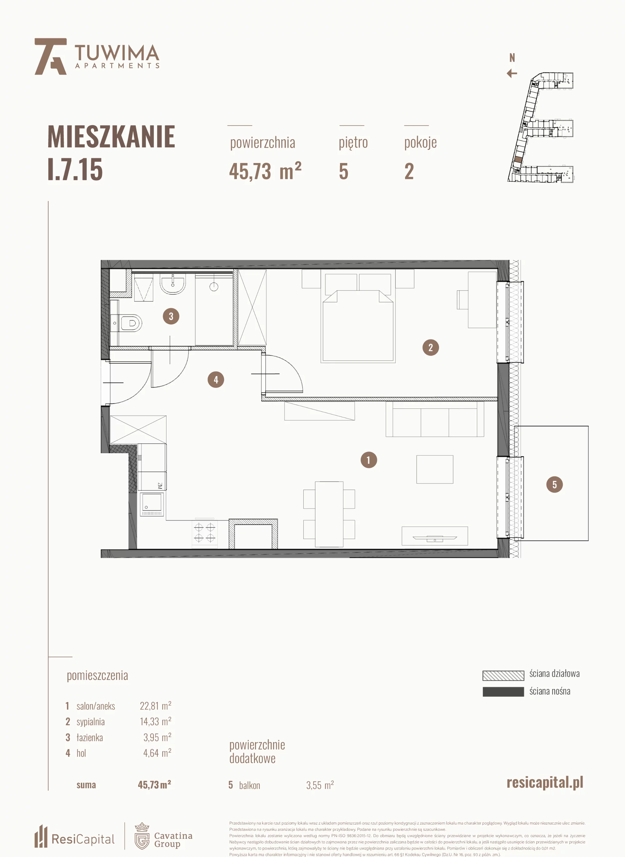 Mieszkanie 45,73 m², piętro 5, oferta nr I.7.15, Apartamenty Tuwima, Łódź, Śródmieście, ul. Juliana Tuwima