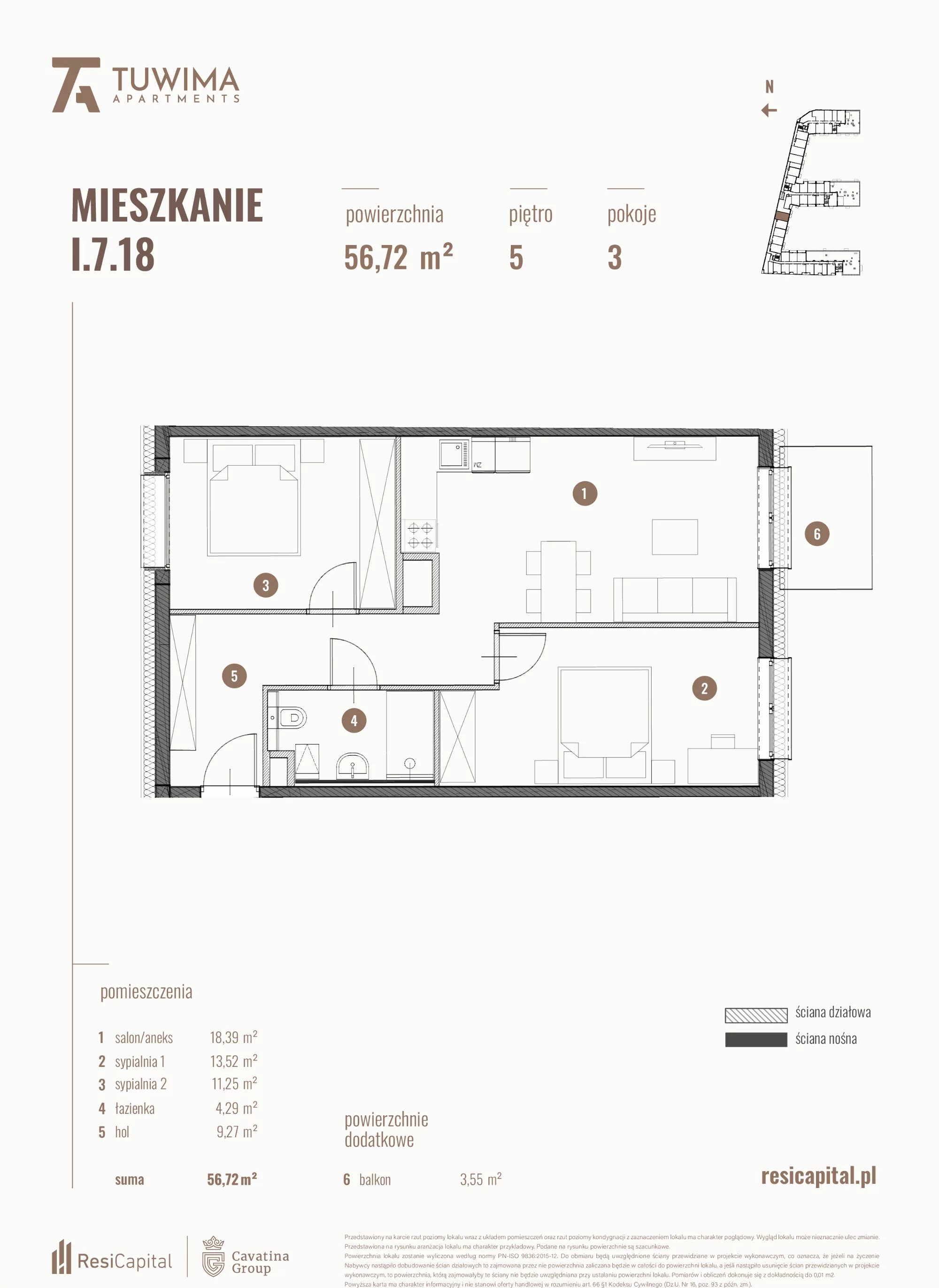 3 pokoje, mieszkanie 56,72 m², piętro 5, oferta nr I.7.18, Apartamenty Tuwima, Łódź, Śródmieście, ul. Juliana Tuwima