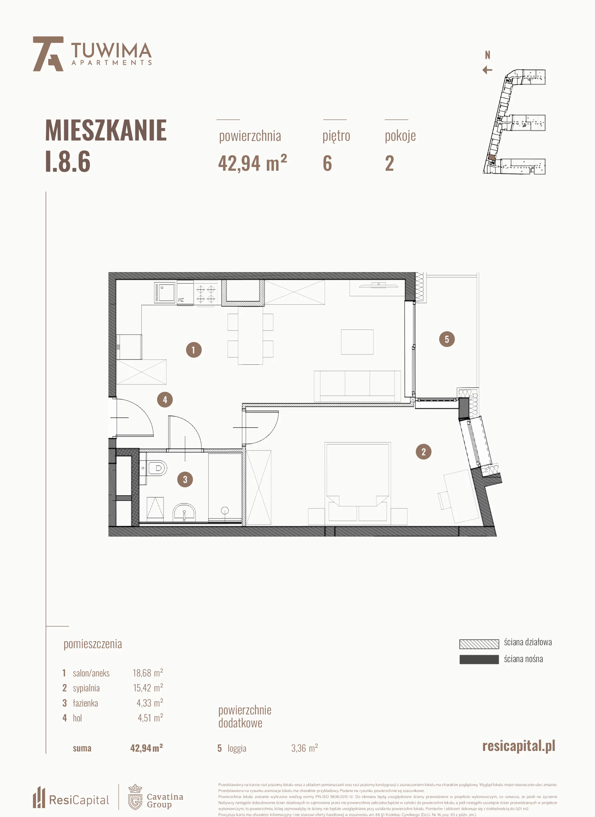 Mieszkanie 42,94 m², piętro 6, oferta nr I.8.6, Apartamenty Tuwima, Łódź, Śródmieście, ul. Juliana Tuwima