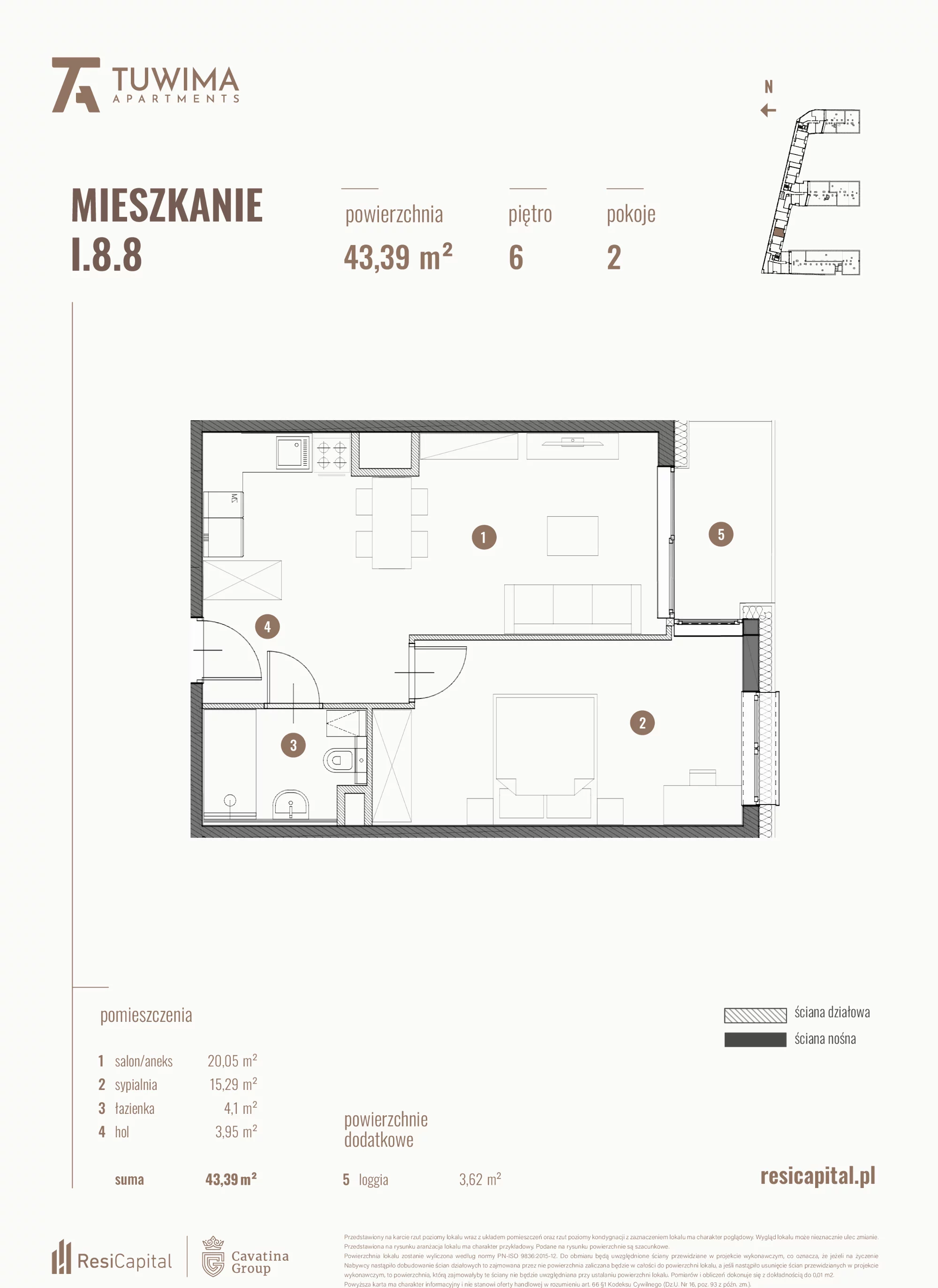 Mieszkanie 43,39 m², piętro 6, oferta nr I.8.8, Apartamenty Tuwima, Łódź, Śródmieście, ul. Juliana Tuwima