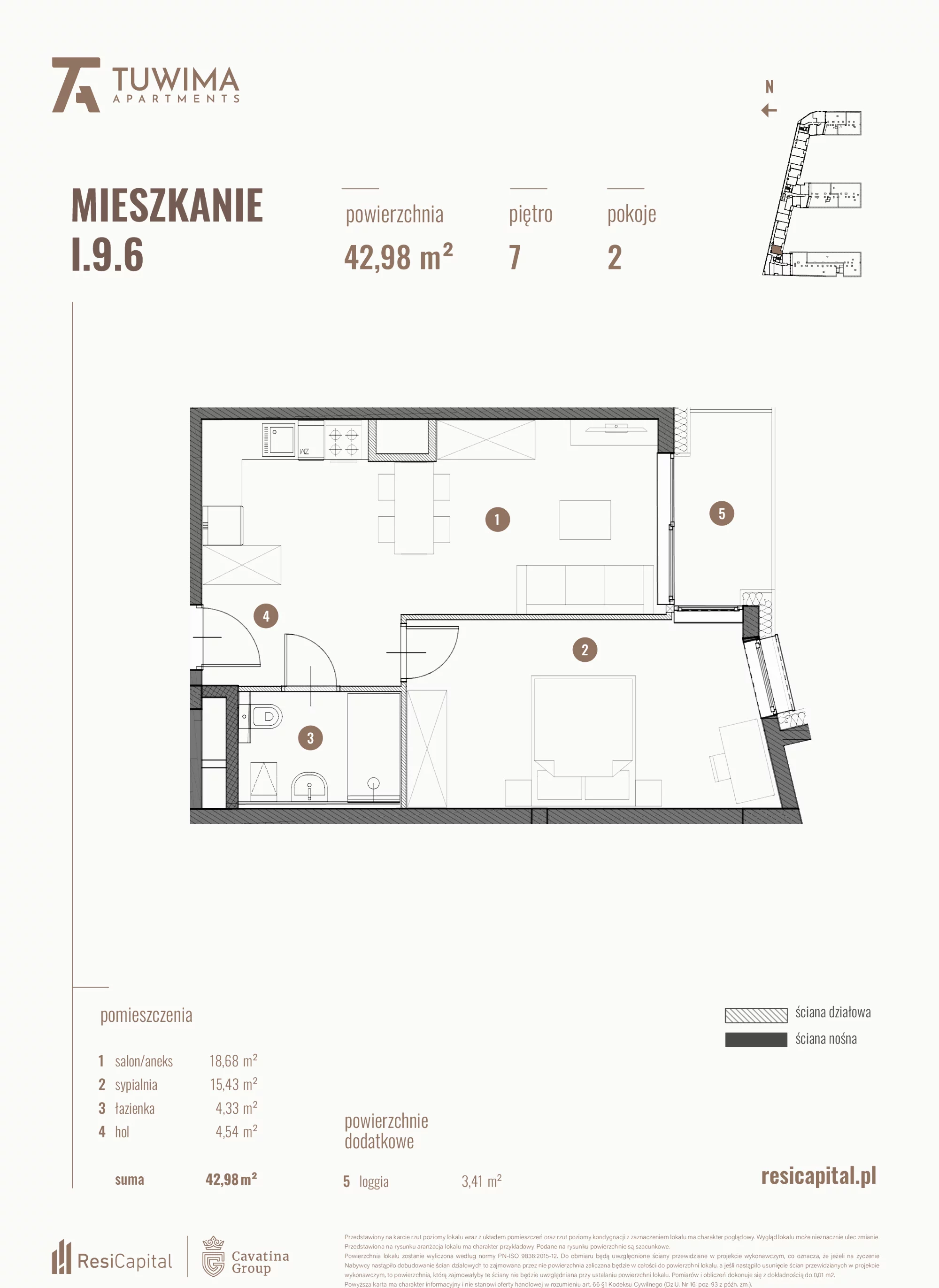 Mieszkanie 42,98 m², piętro 7, oferta nr I.9.6, Apartamenty Tuwima, Łódź, Śródmieście, ul. Juliana Tuwima