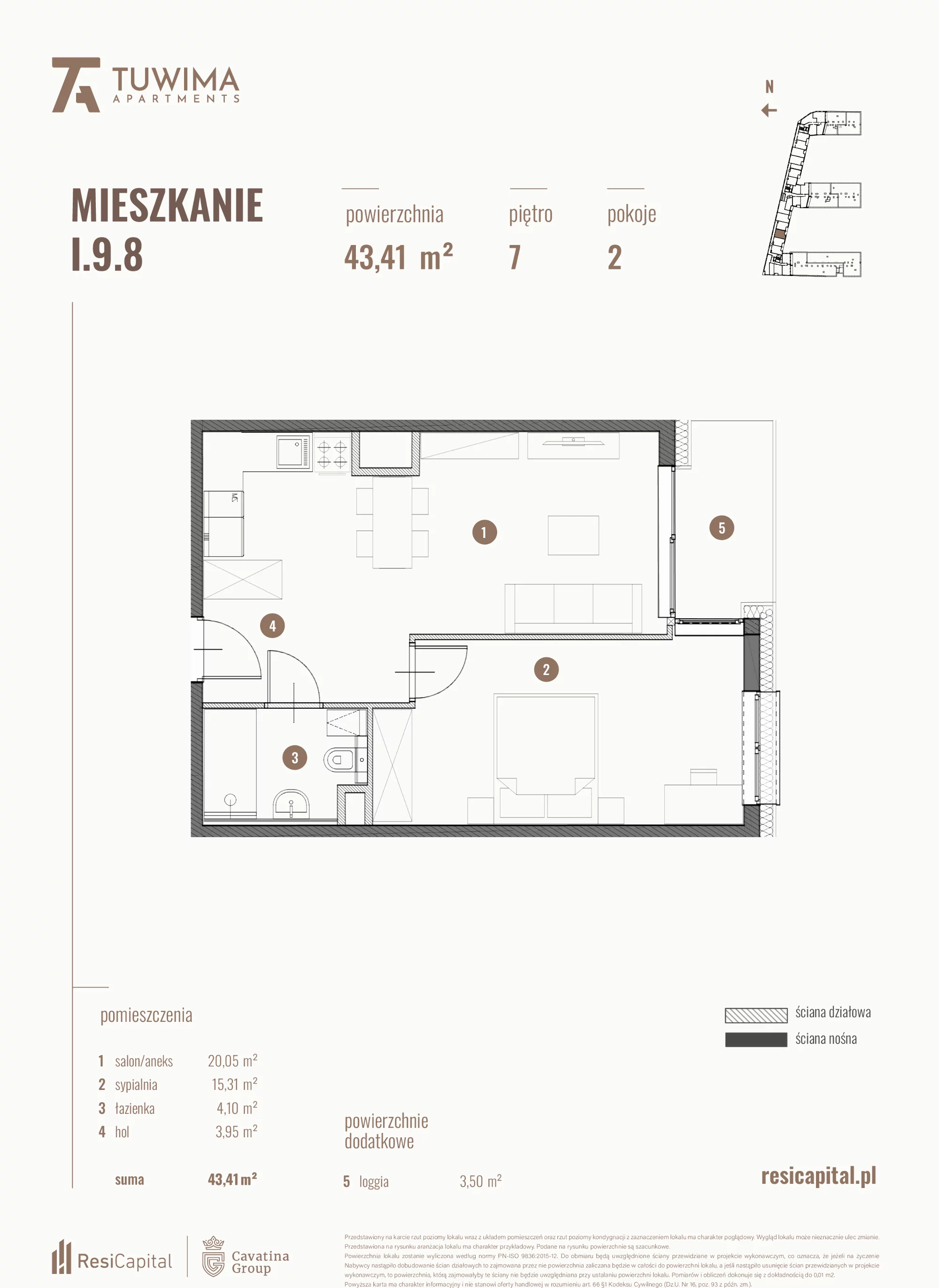 Mieszkanie 43,41 m², piętro 7, oferta nr I.9.8, Apartamenty Tuwima, Łódź, Śródmieście, ul. Juliana Tuwima