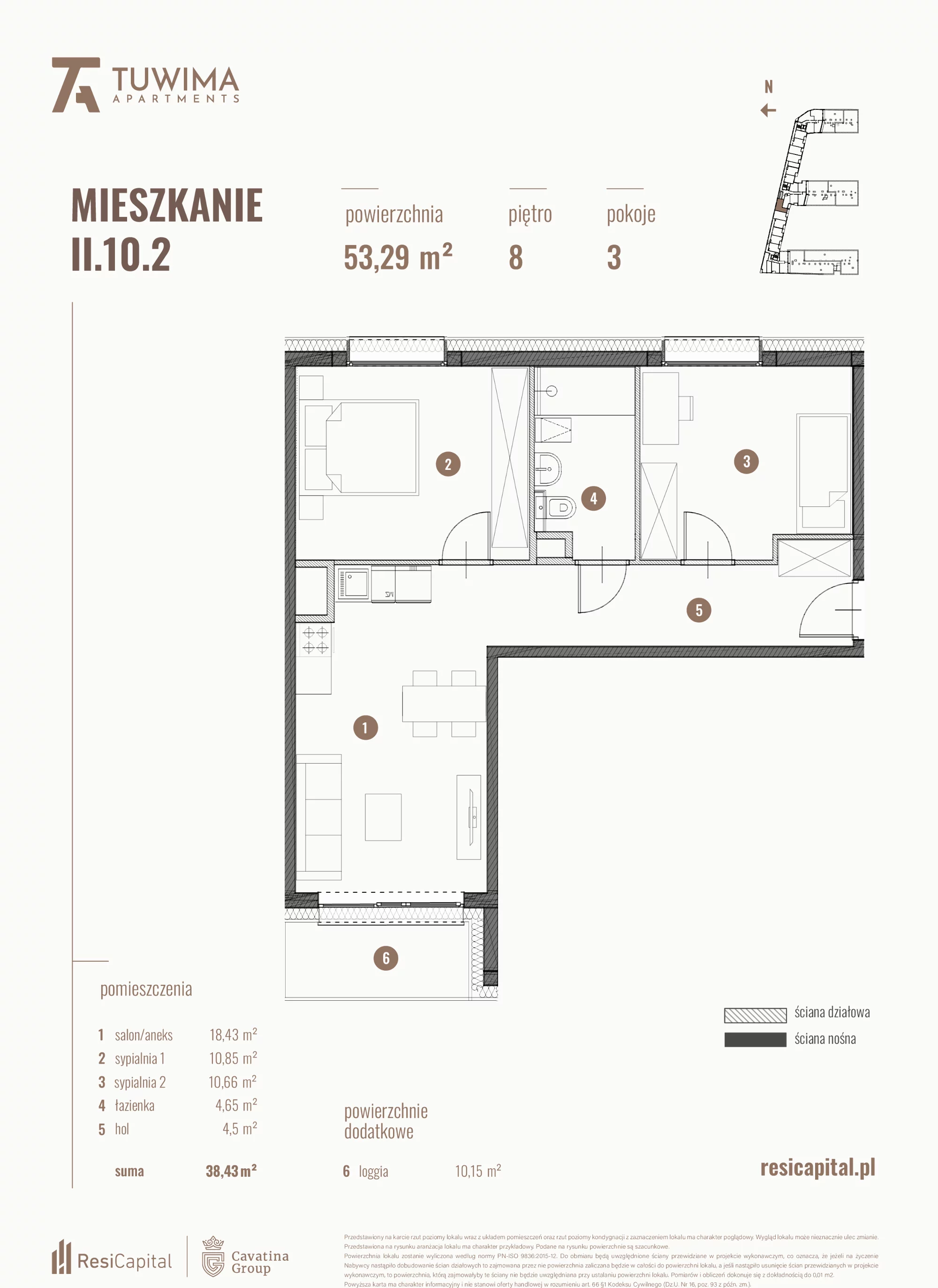 3 pokoje, mieszkanie 53,29 m², piętro 8, oferta nr II.10.2, Apartamenty Tuwima, Łódź, Śródmieście, ul. Juliana Tuwima