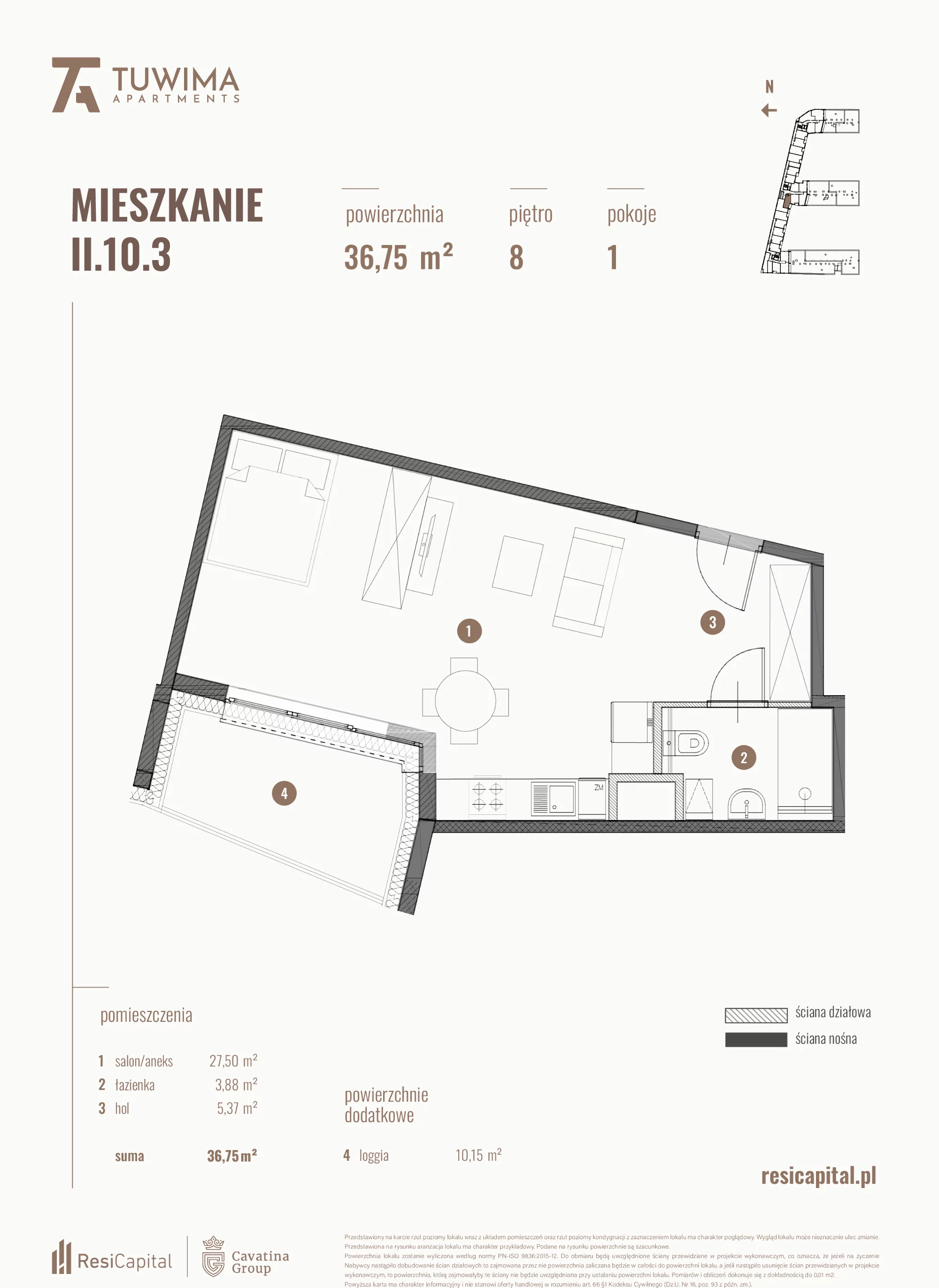 Mieszkanie 36,75 m², piętro 8, oferta nr II.10.3, Apartamenty Tuwima, Łódź, Śródmieście, ul. Juliana Tuwima