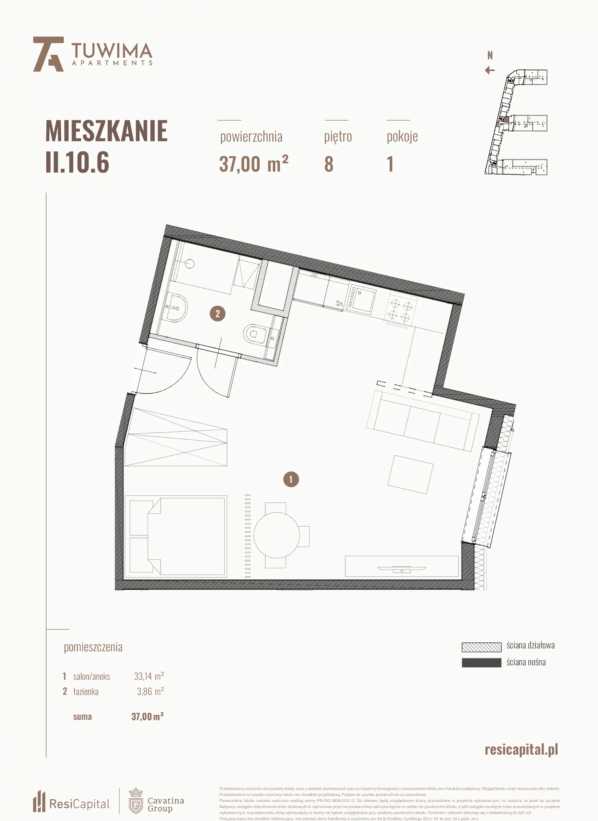 Mieszkanie 37,00 m², piętro 8, oferta nr II.10.6, Apartamenty Tuwima, Łódź, Śródmieście, ul. Juliana Tuwima