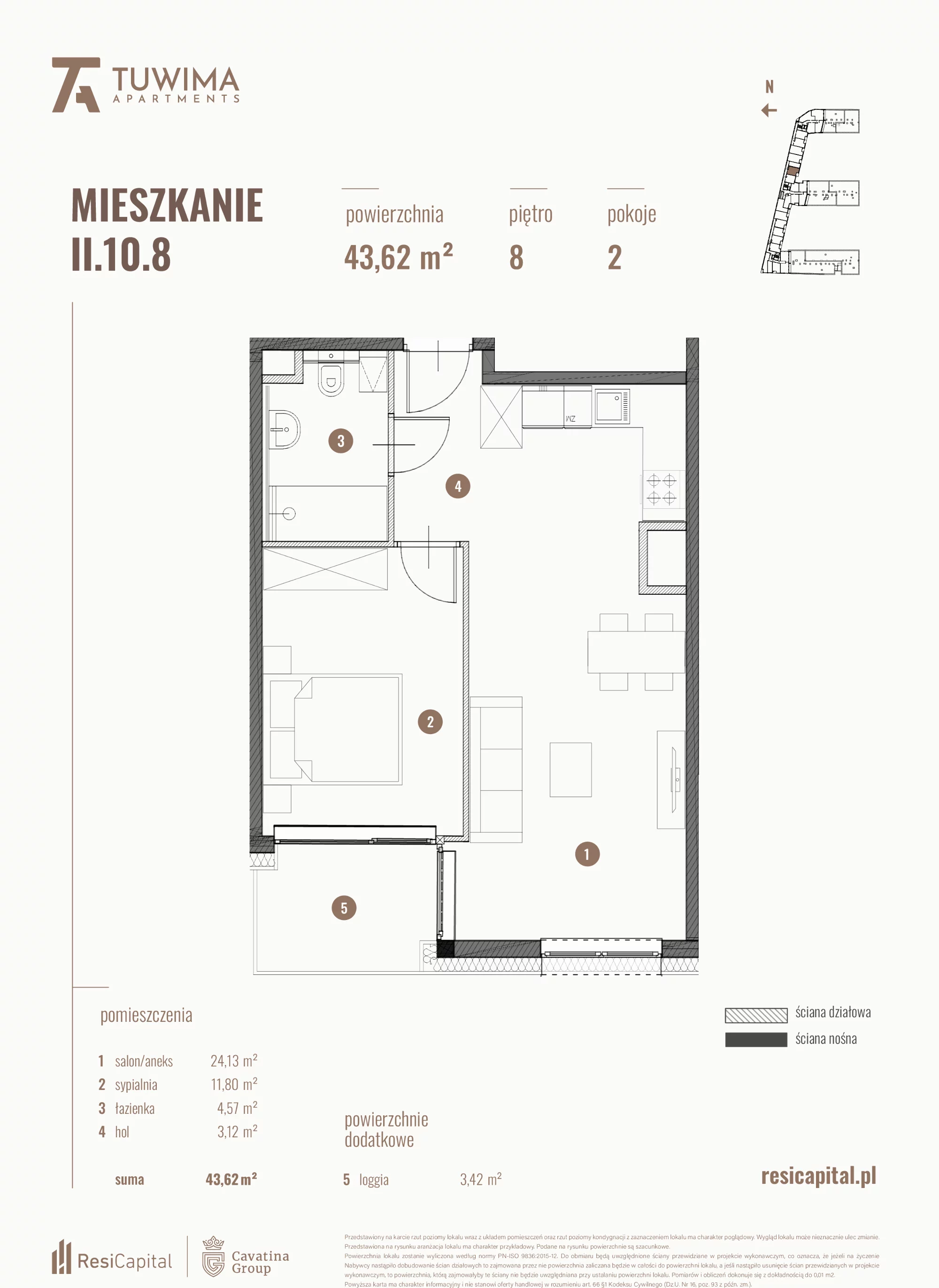 Mieszkanie 43,62 m², piętro 8, oferta nr II.10.8, Apartamenty Tuwima, Łódź, Śródmieście, ul. Juliana Tuwima