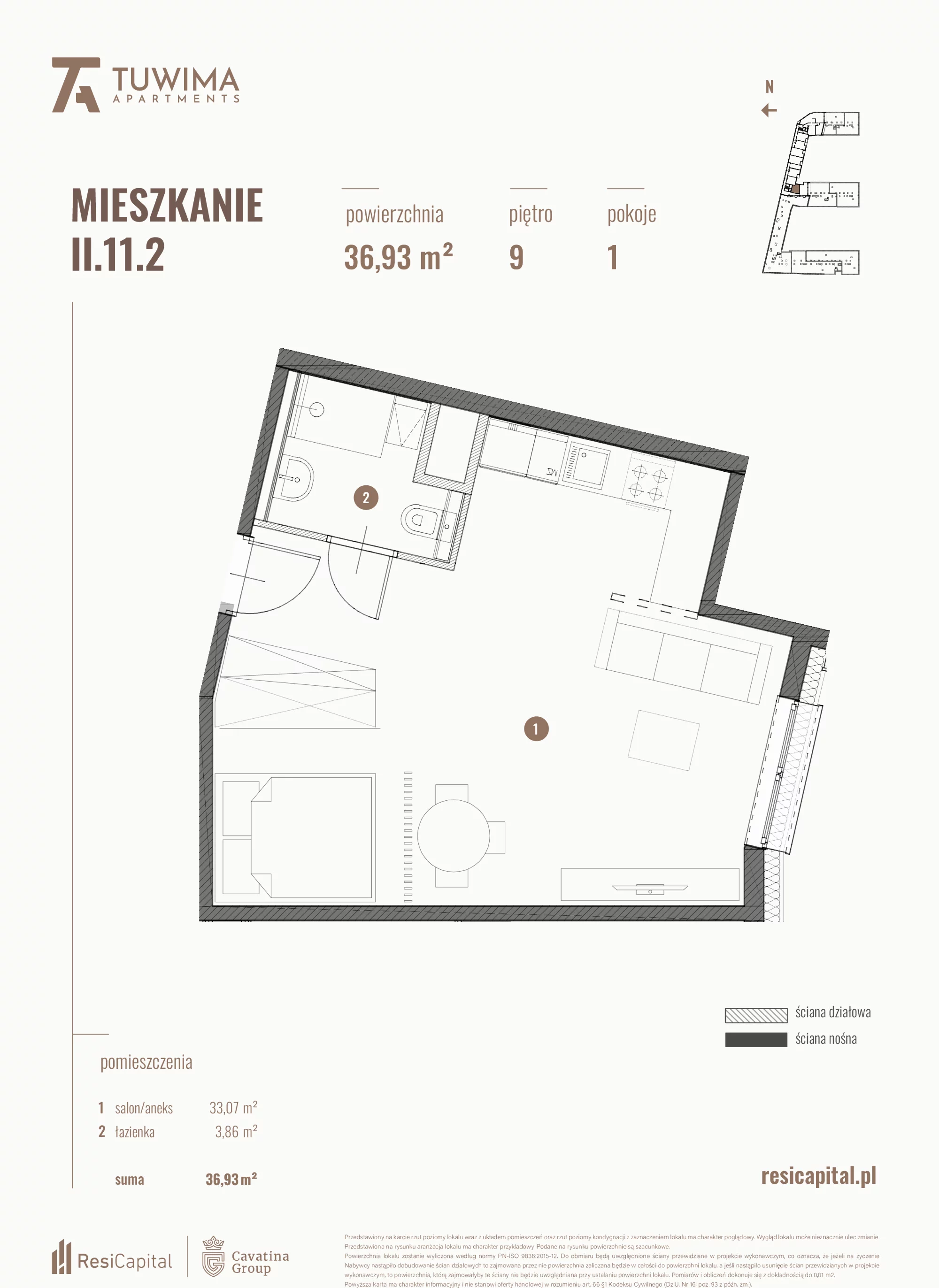 Mieszkanie 36,93 m², piętro 9, oferta nr II.11.2, Apartamenty Tuwima, Łódź, Śródmieście, ul. Juliana Tuwima