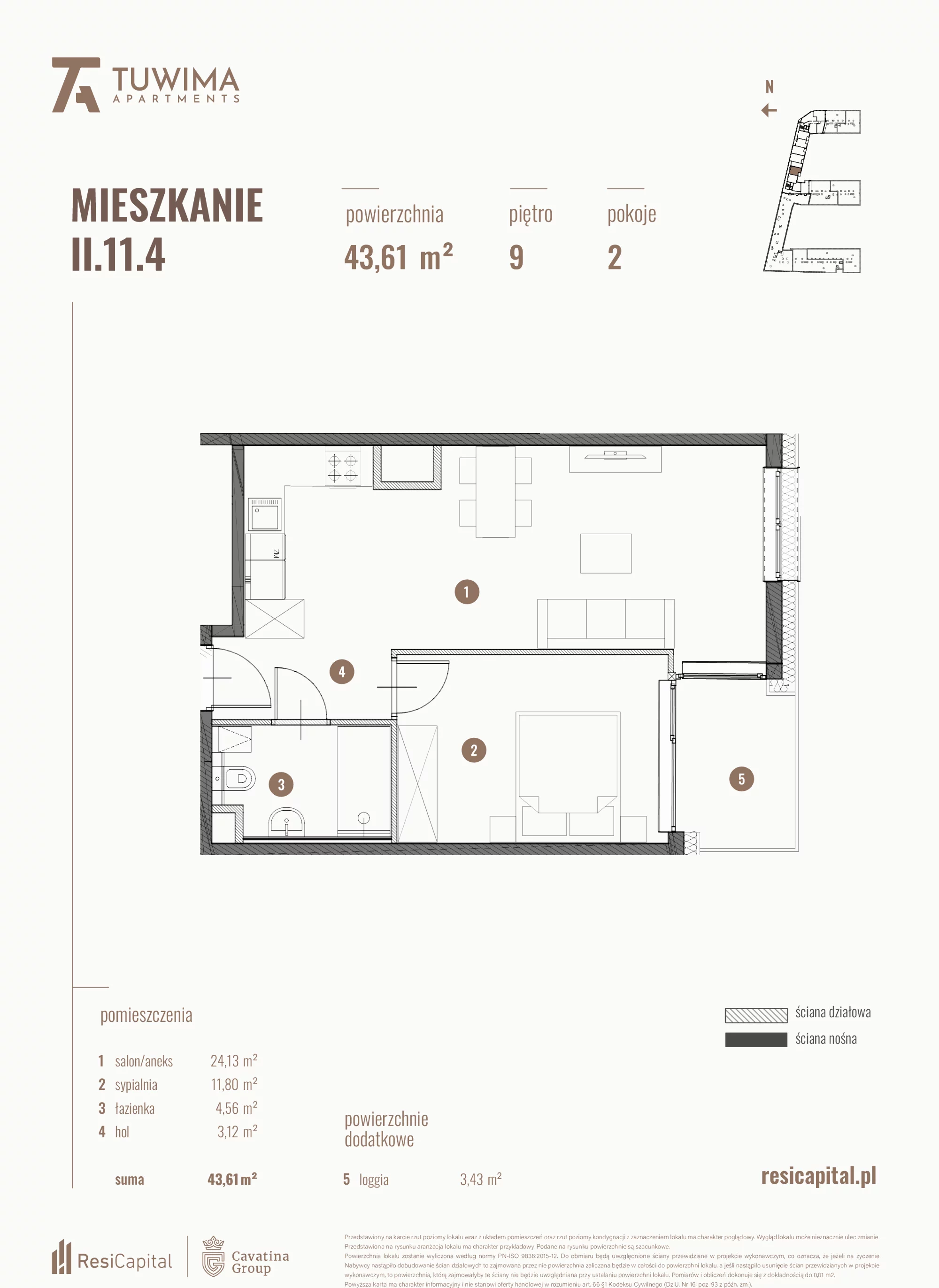 Mieszkanie 43,61 m², piętro 9, oferta nr II.11.4, Apartamenty Tuwima, Łódź, Śródmieście, ul. Juliana Tuwima