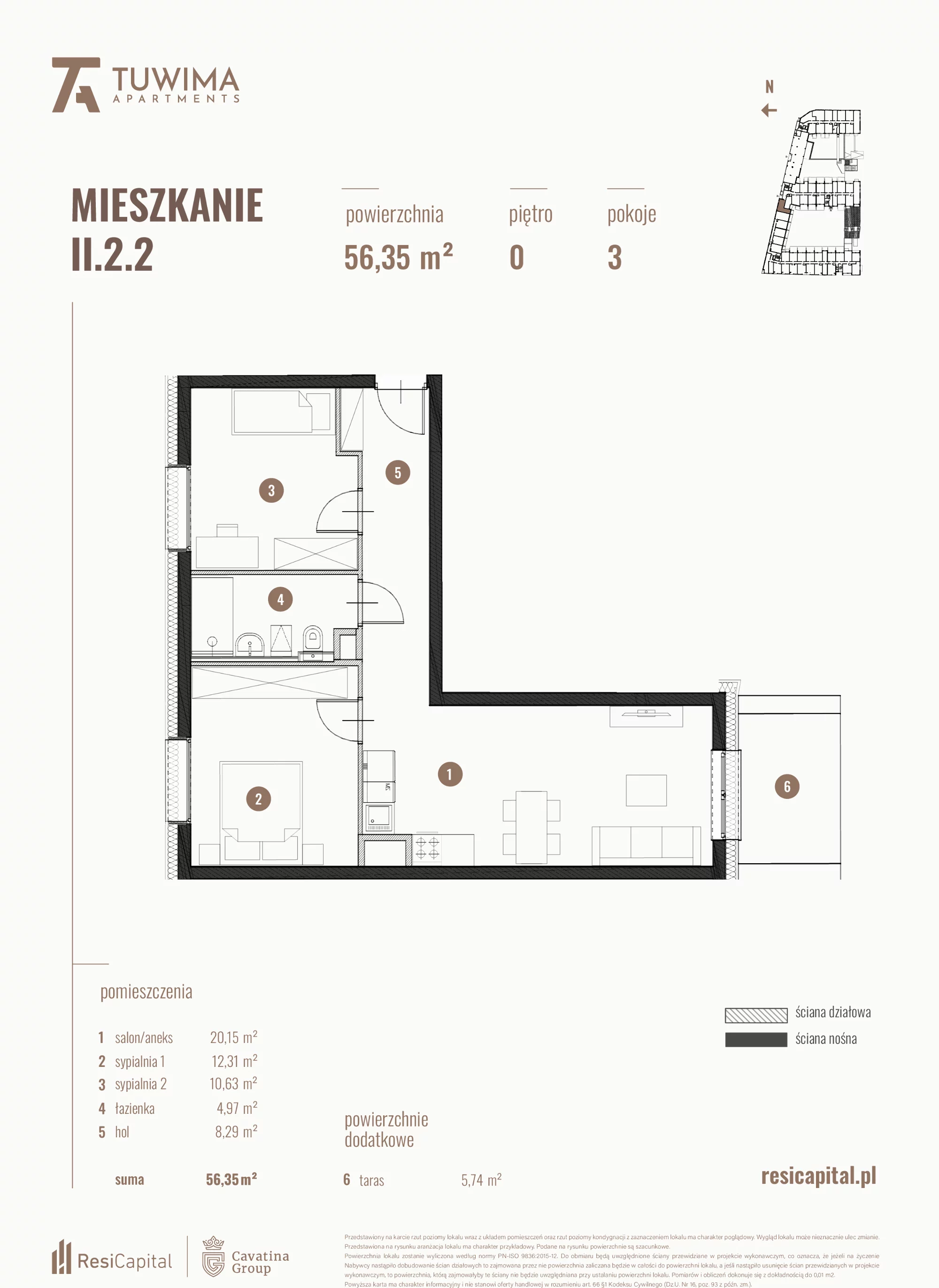 3 pokoje, mieszkanie 56,35 m², parter, oferta nr II.2.2, Apartamenty Tuwima, Łódź, Śródmieście, ul. Juliana Tuwima