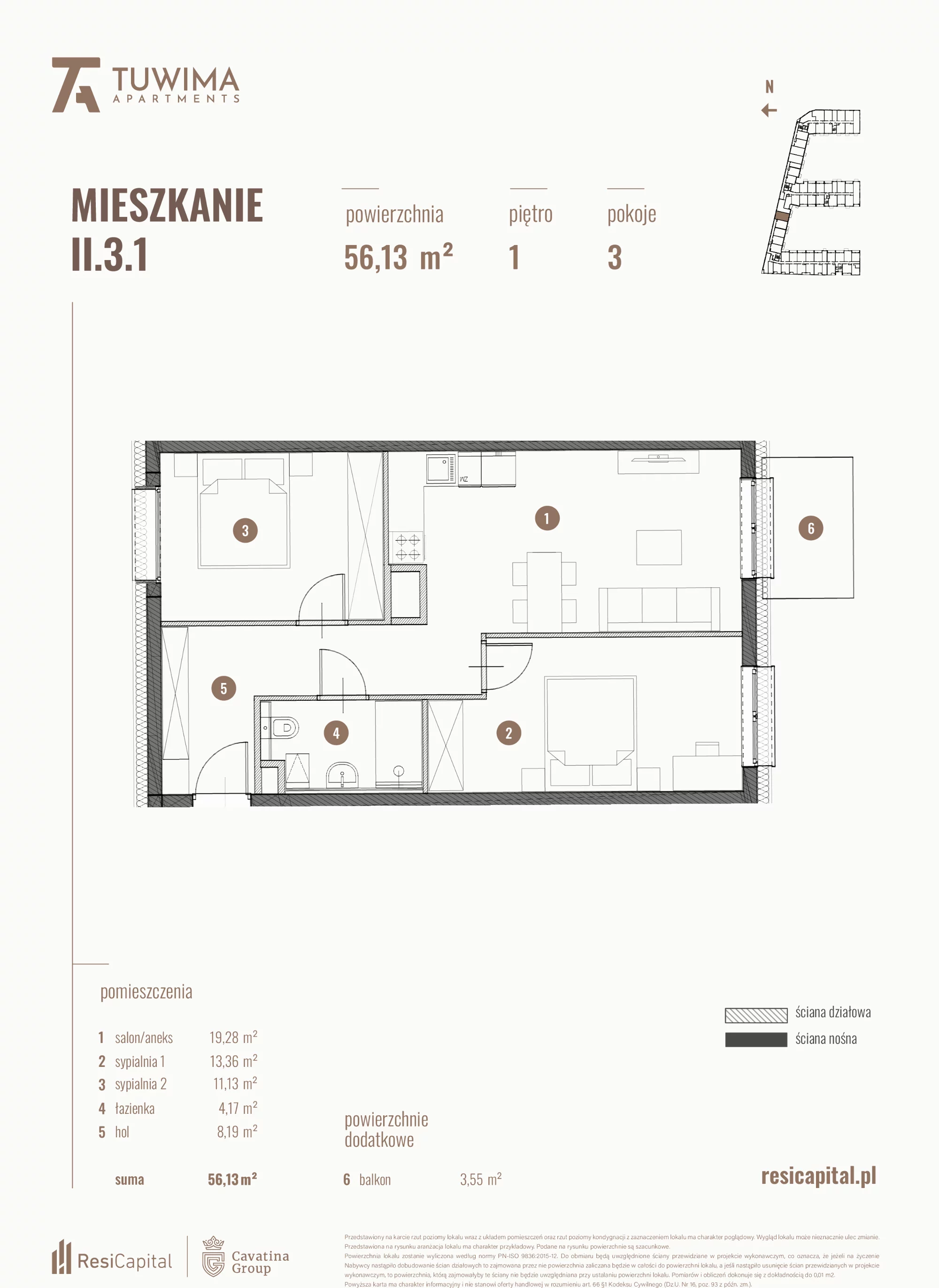 3 pokoje, mieszkanie 56,13 m², piętro 1, oferta nr II.3.1, Apartamenty Tuwima, Łódź, Śródmieście, ul. Juliana Tuwima