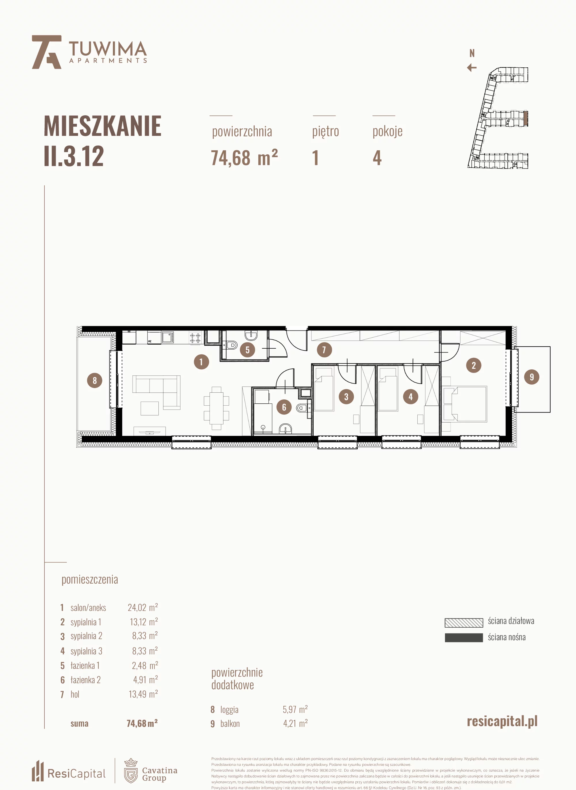 4 pokoje, mieszkanie 74,68 m², piętro 1, oferta nr II.3.12, Apartamenty Tuwima, Łódź, Śródmieście, ul. Juliana Tuwima