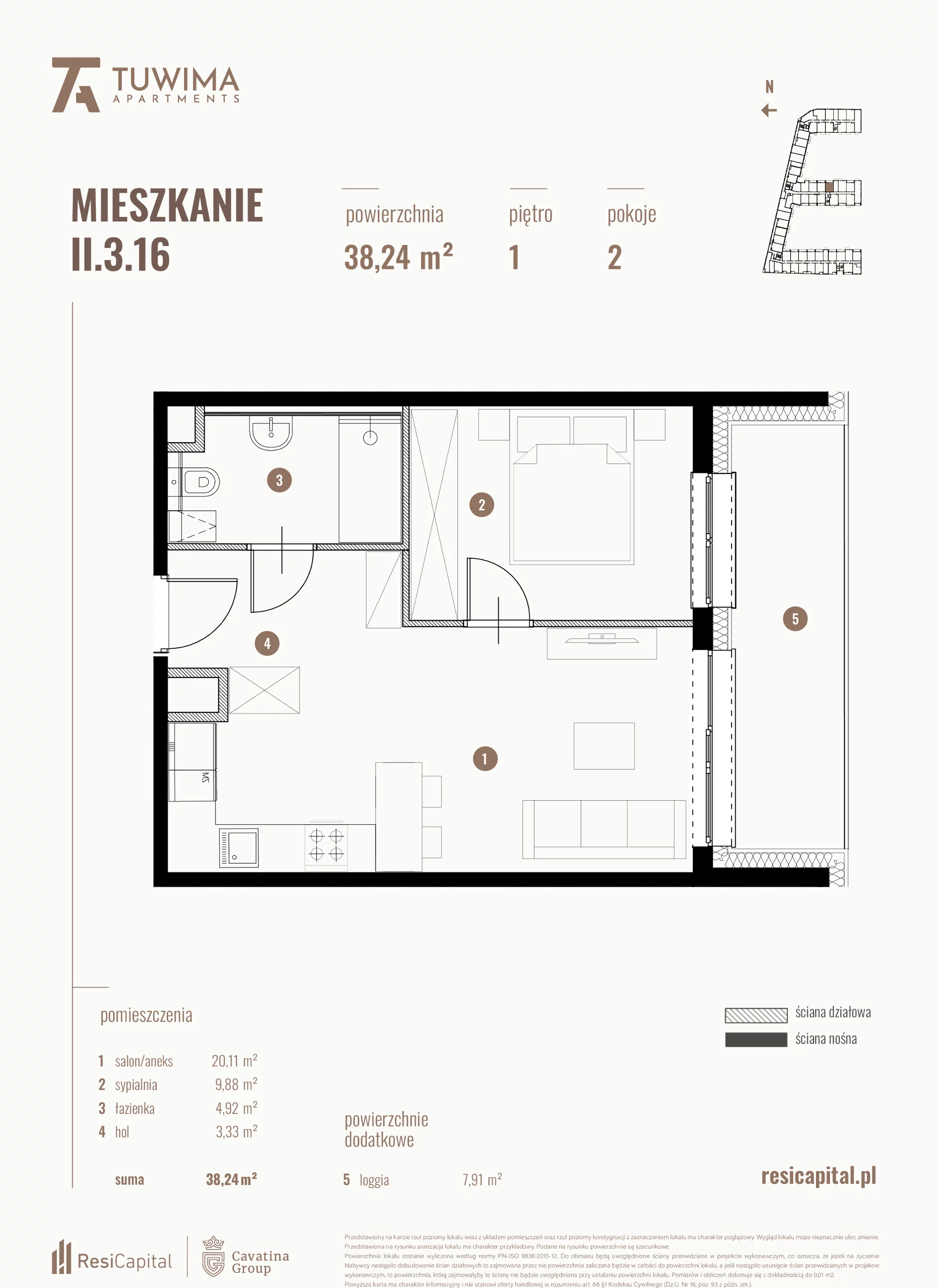 Mieszkanie 38,24 m², piętro 1, oferta nr II.3.16, Apartamenty Tuwima, Łódź, Śródmieście, ul. Juliana Tuwima