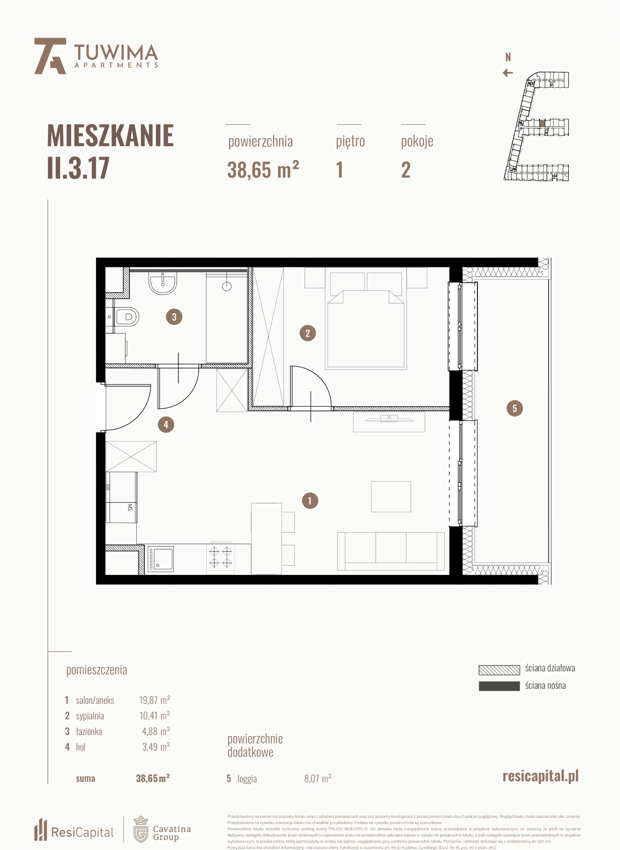 Mieszkanie 38,65 m², piętro 1, oferta nr II.3.17, Apartamenty Tuwima, Łódź, Śródmieście, ul. Juliana Tuwima