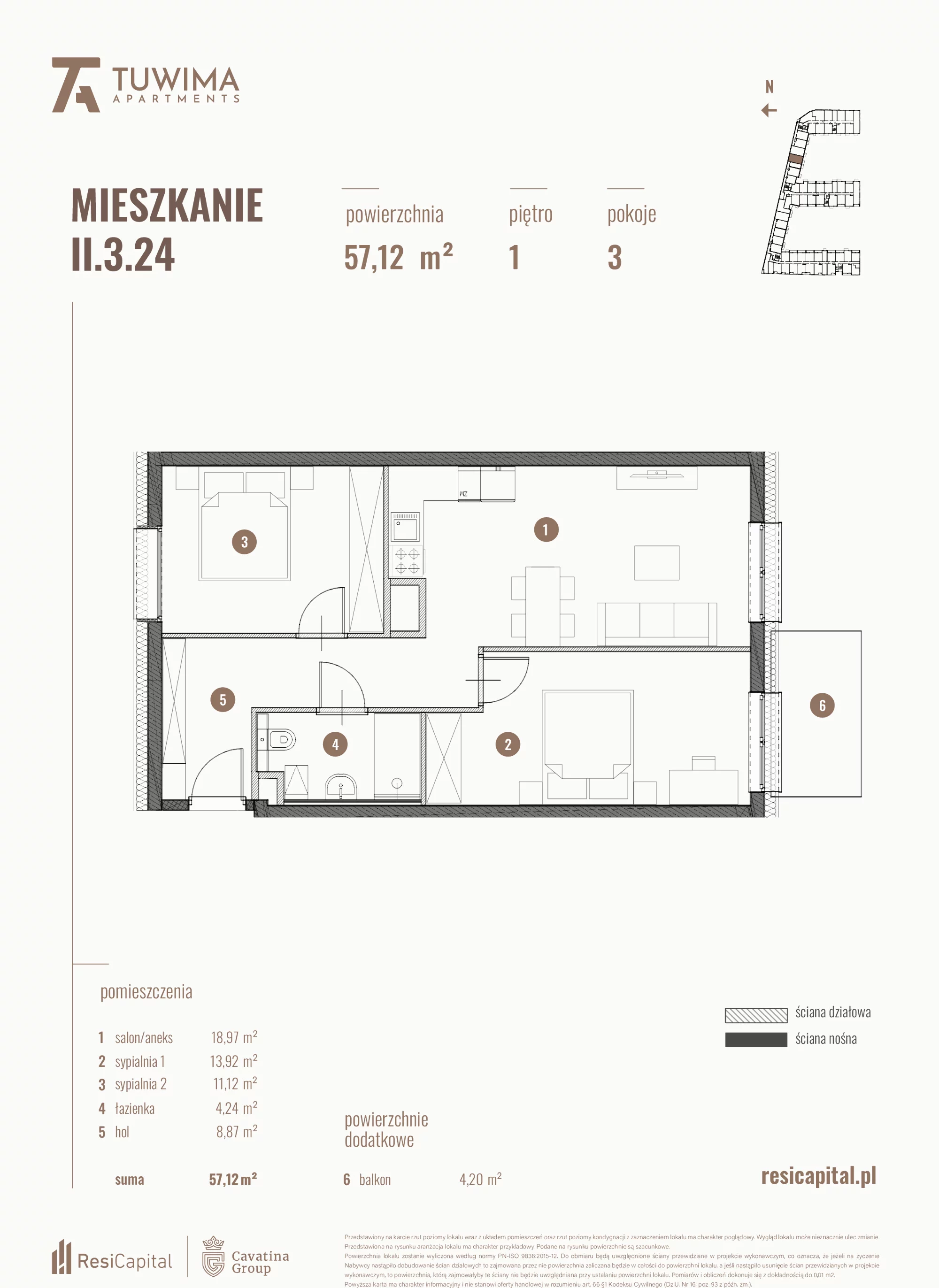 3 pokoje, mieszkanie 57,12 m², piętro 1, oferta nr II.3.24, Apartamenty Tuwima, Łódź, Śródmieście, ul. Juliana Tuwima