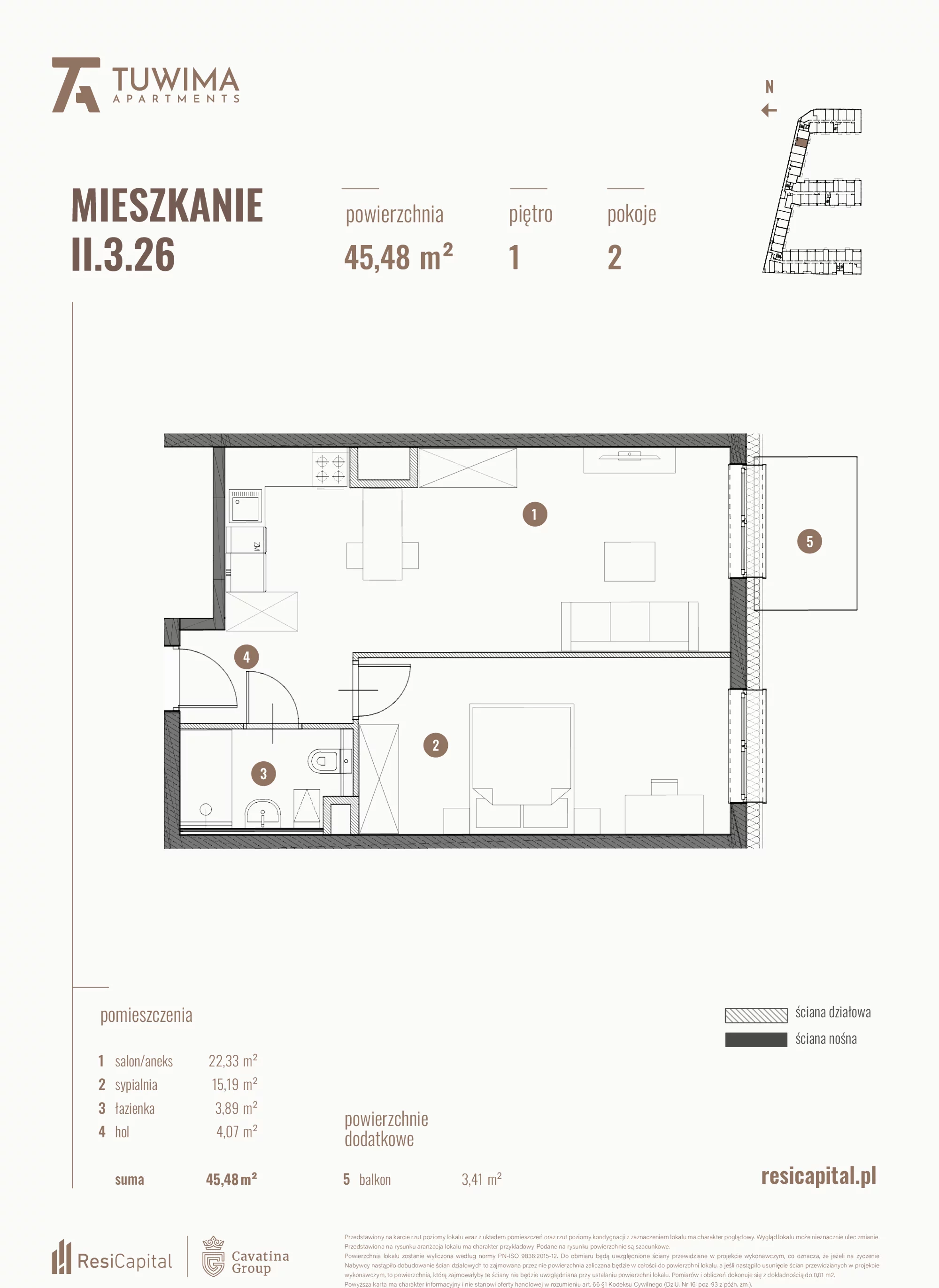 Mieszkanie 45,48 m², piętro 1, oferta nr II.3.26, Apartamenty Tuwima, Łódź, Śródmieście, ul. Juliana Tuwima