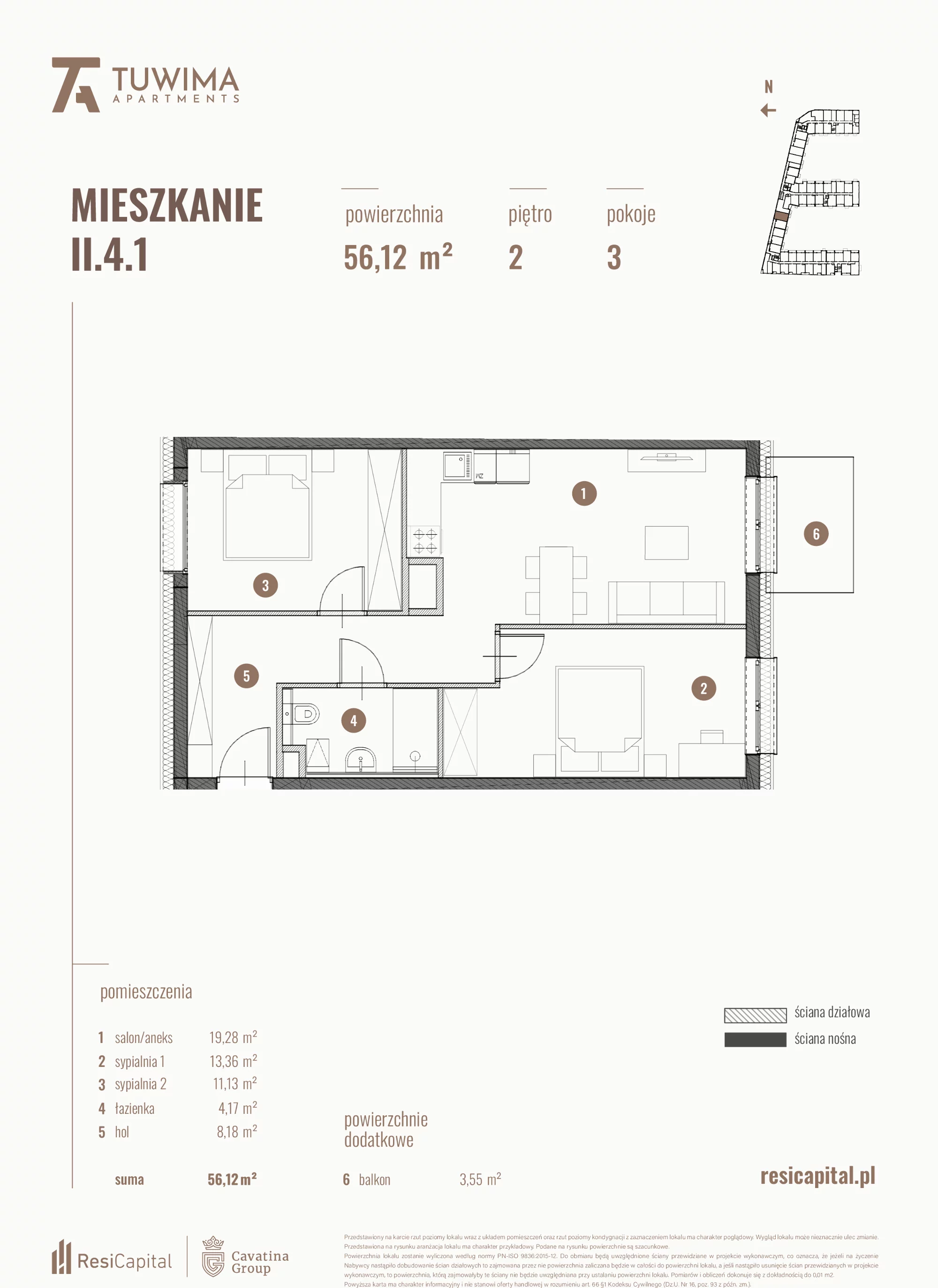 3 pokoje, mieszkanie 56,12 m², piętro 2, oferta nr II.4.1, Apartamenty Tuwima, Łódź, Śródmieście, ul. Juliana Tuwima