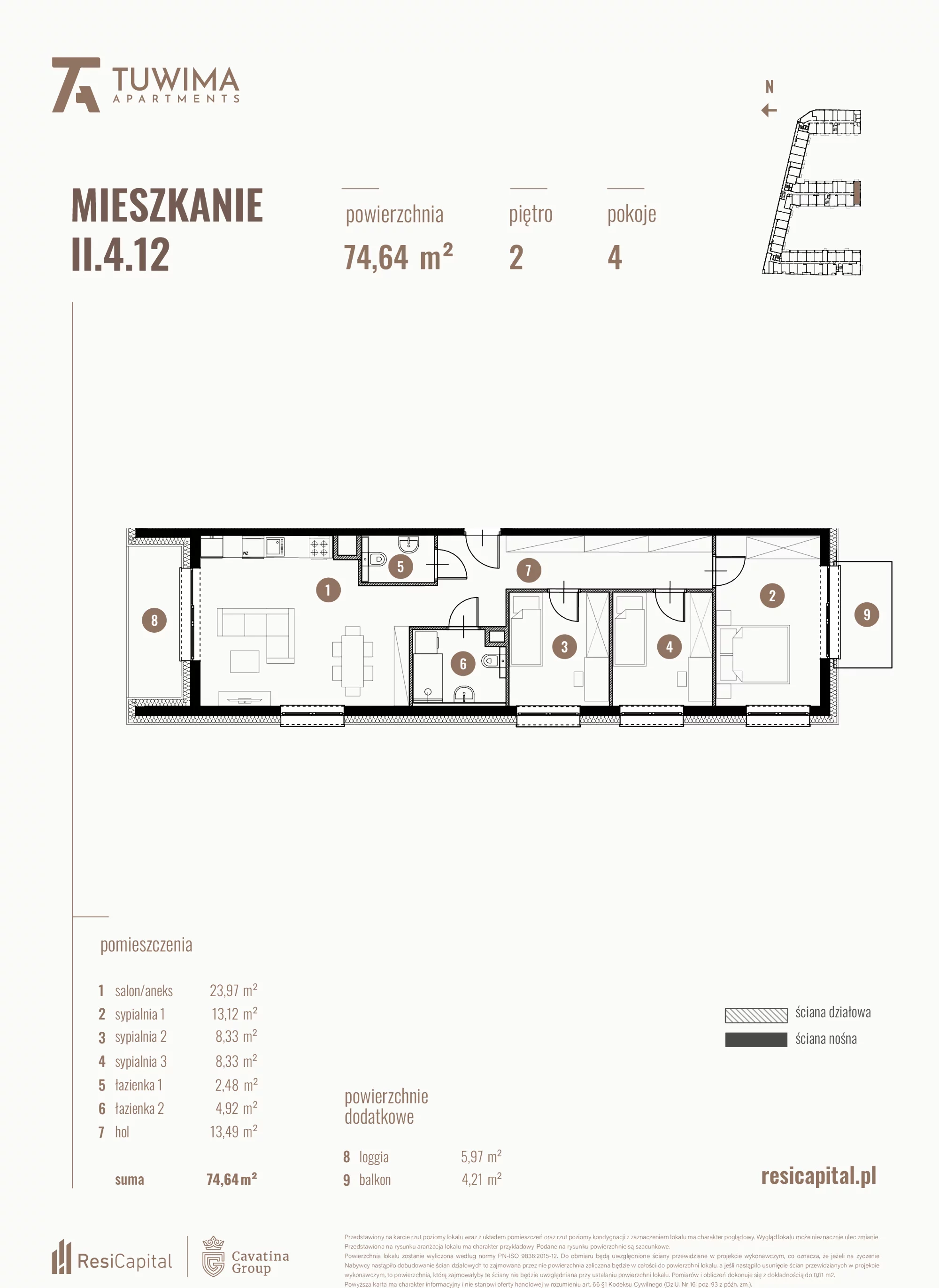 4 pokoje, mieszkanie 74,64 m², piętro 2, oferta nr II.4.12, Apartamenty Tuwima, Łódź, Śródmieście, ul. Juliana Tuwima