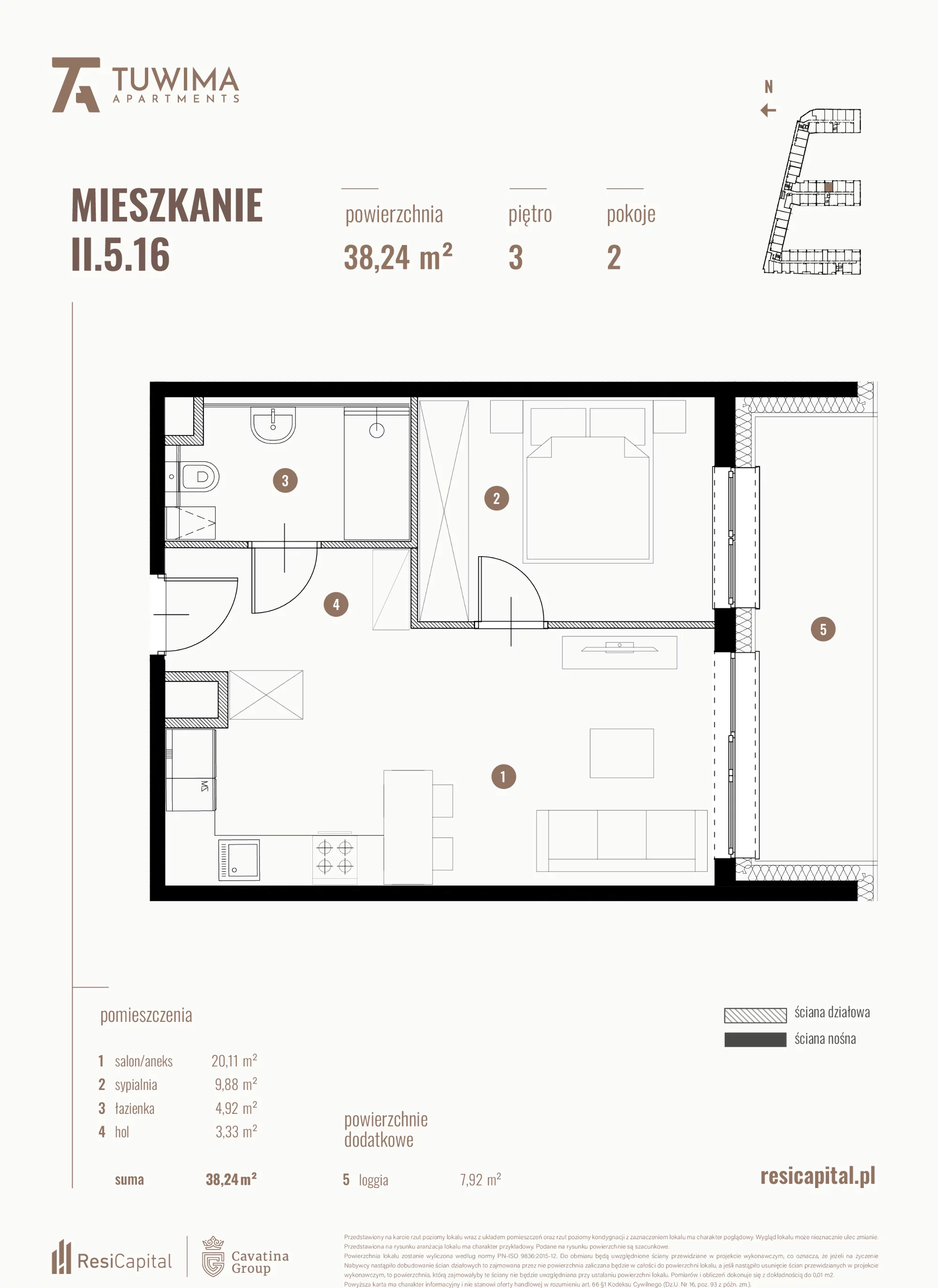 Mieszkanie 38,24 m², piętro 3, oferta nr II.5.16, Apartamenty Tuwima, Łódź, Śródmieście, ul. Juliana Tuwima