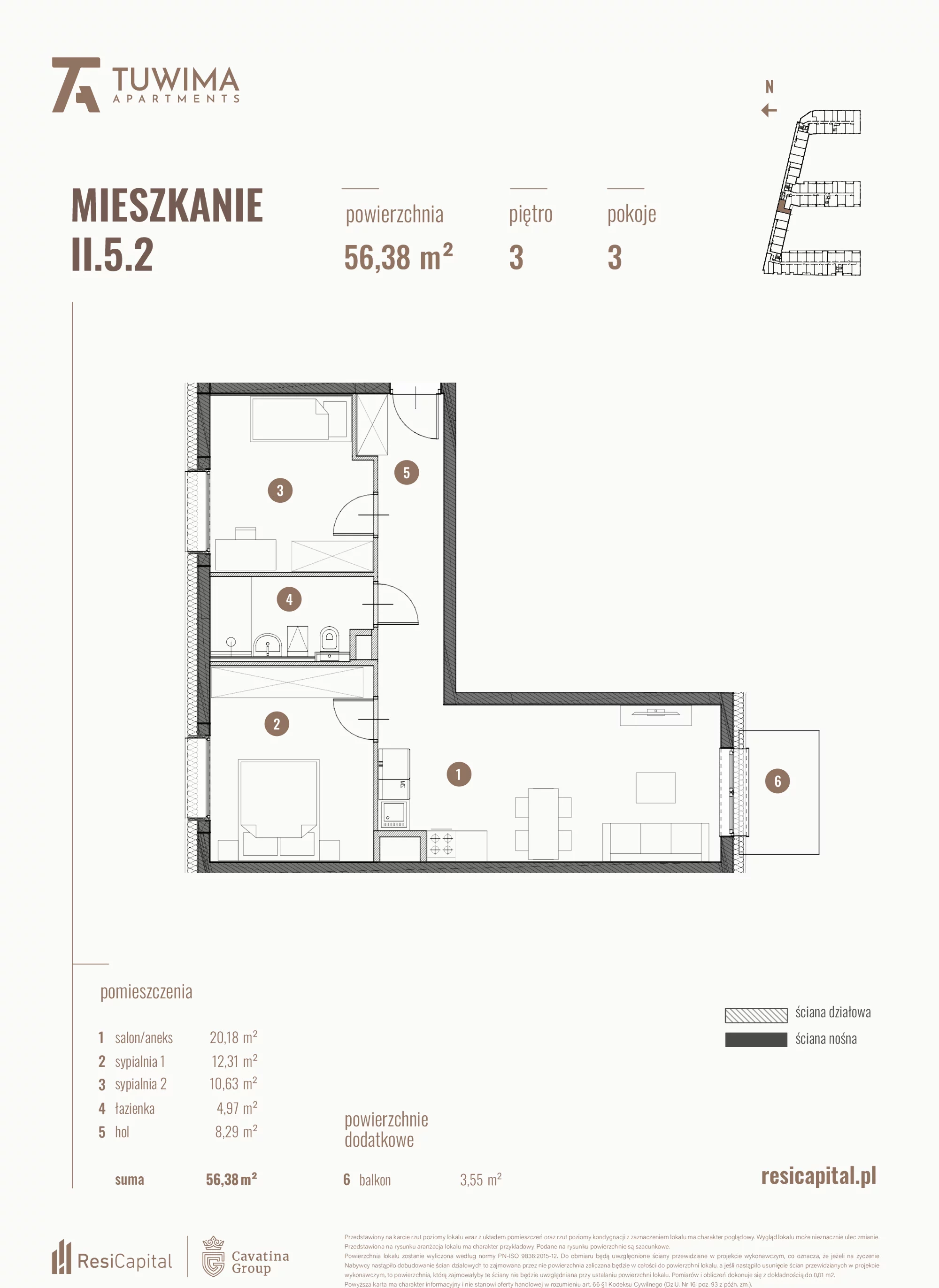 3 pokoje, mieszkanie 56,38 m², piętro 3, oferta nr II.5.2, Apartamenty Tuwima, Łódź, Śródmieście, ul. Juliana Tuwima