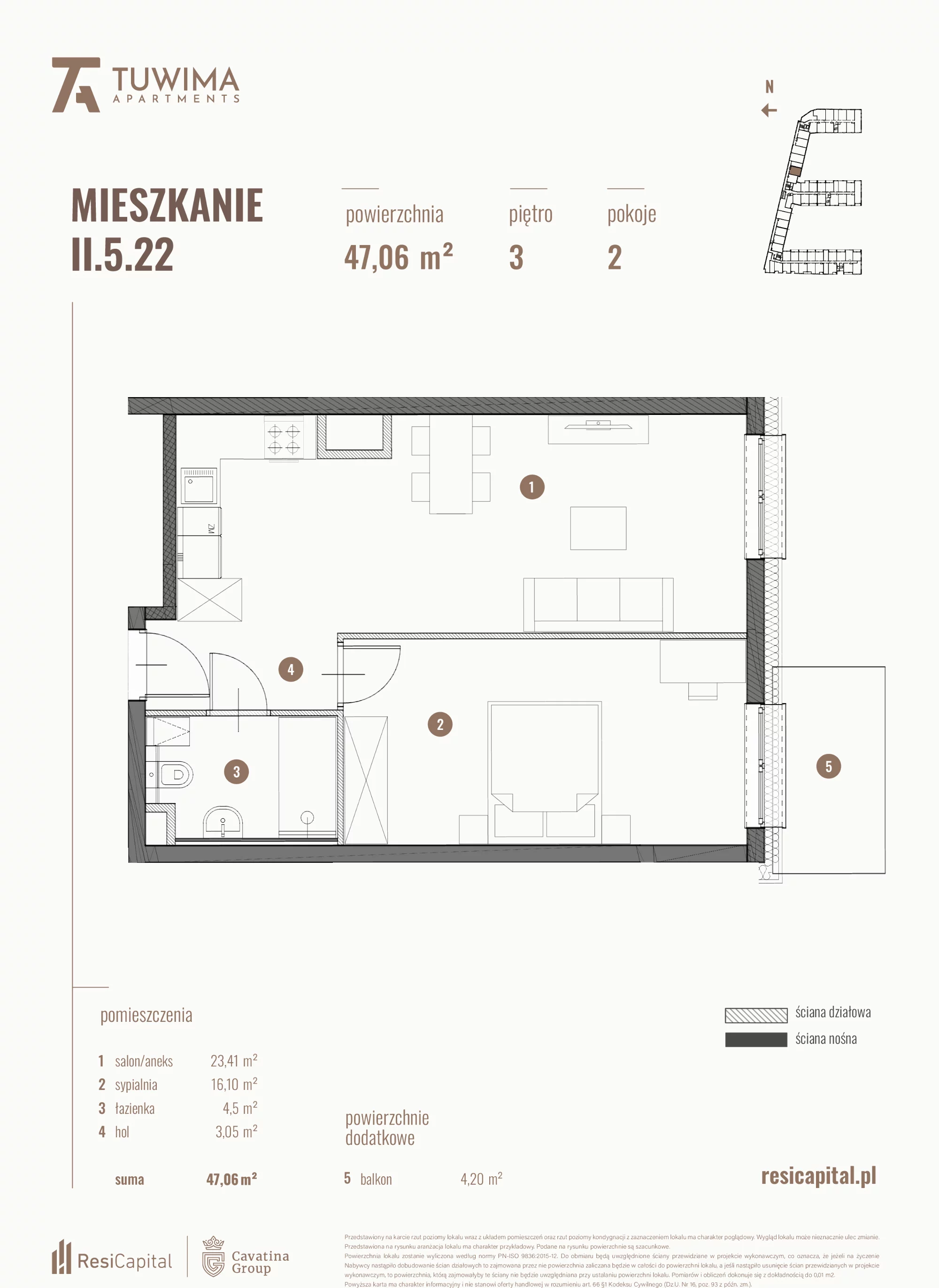 Mieszkanie 47,06 m², piętro 3, oferta nr II.5.22, Apartamenty Tuwima, Łódź, Śródmieście, ul. Juliana Tuwima