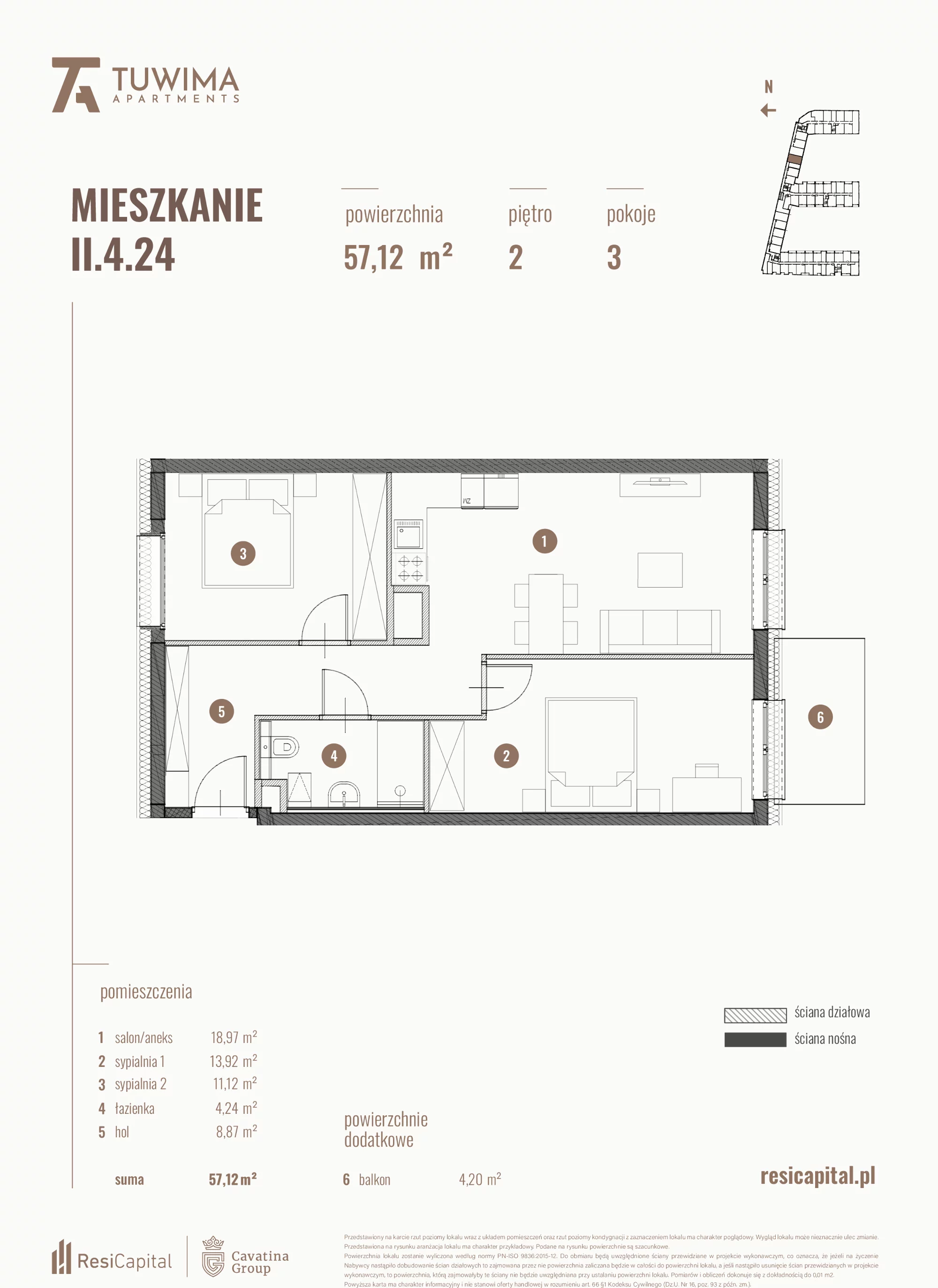 3 pokoje, mieszkanie 57,12 m², piętro 3, oferta nr II.5.24, Apartamenty Tuwima, Łódź, Śródmieście, ul. Juliana Tuwima