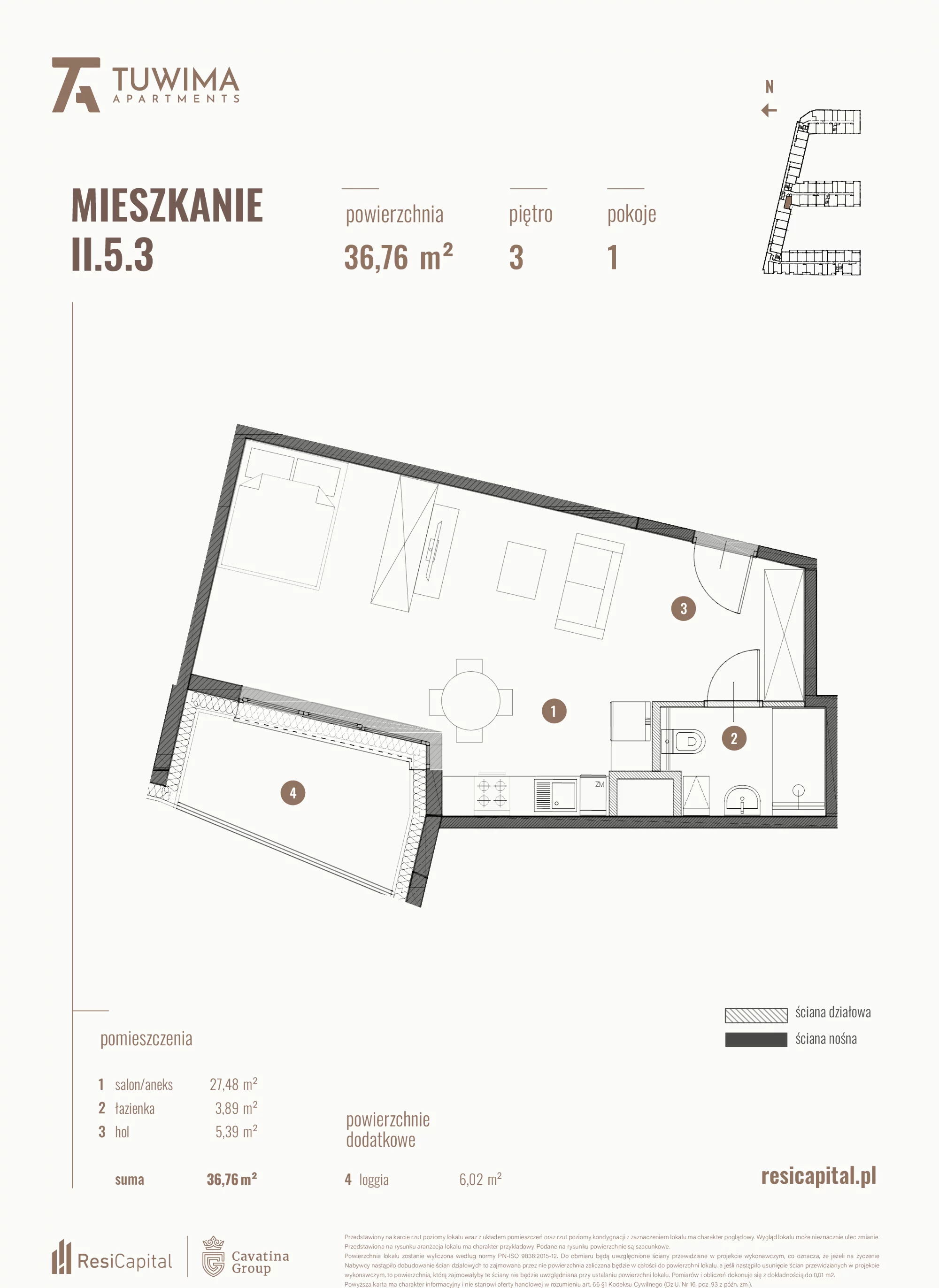 Mieszkanie 36,76 m², piętro 3, oferta nr II.5.3, Apartamenty Tuwima, Łódź, Śródmieście, ul. Juliana Tuwima