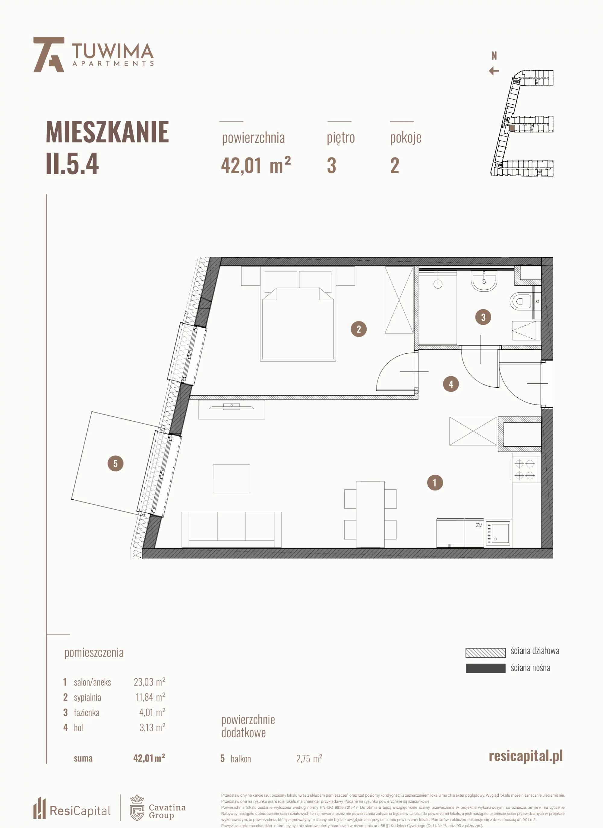 Mieszkanie 42,01 m², piętro 3, oferta nr II.5.4, Apartamenty Tuwima, Łódź, Śródmieście, ul. Juliana Tuwima