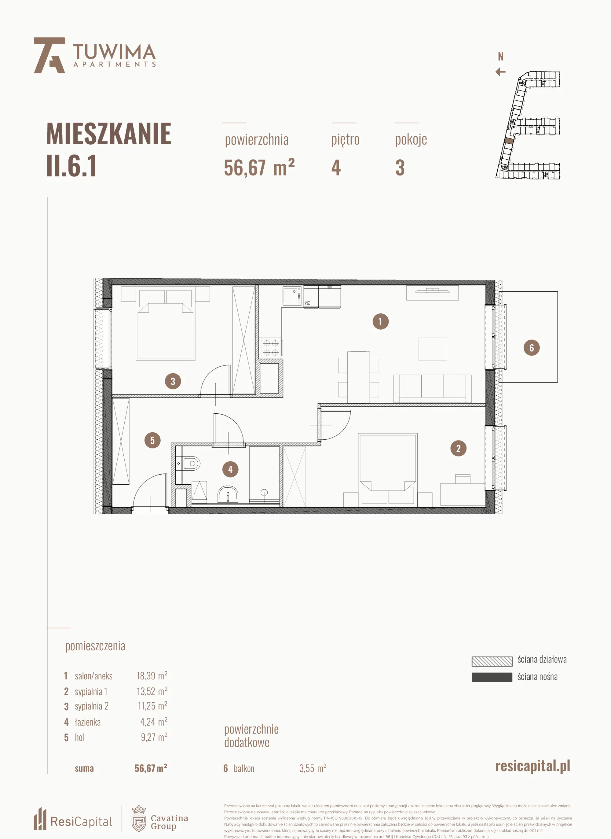 3 pokoje, mieszkanie 56,67 m², piętro 4, oferta nr II.6.1, Apartamenty Tuwima, Łódź, Śródmieście, ul. Juliana Tuwima