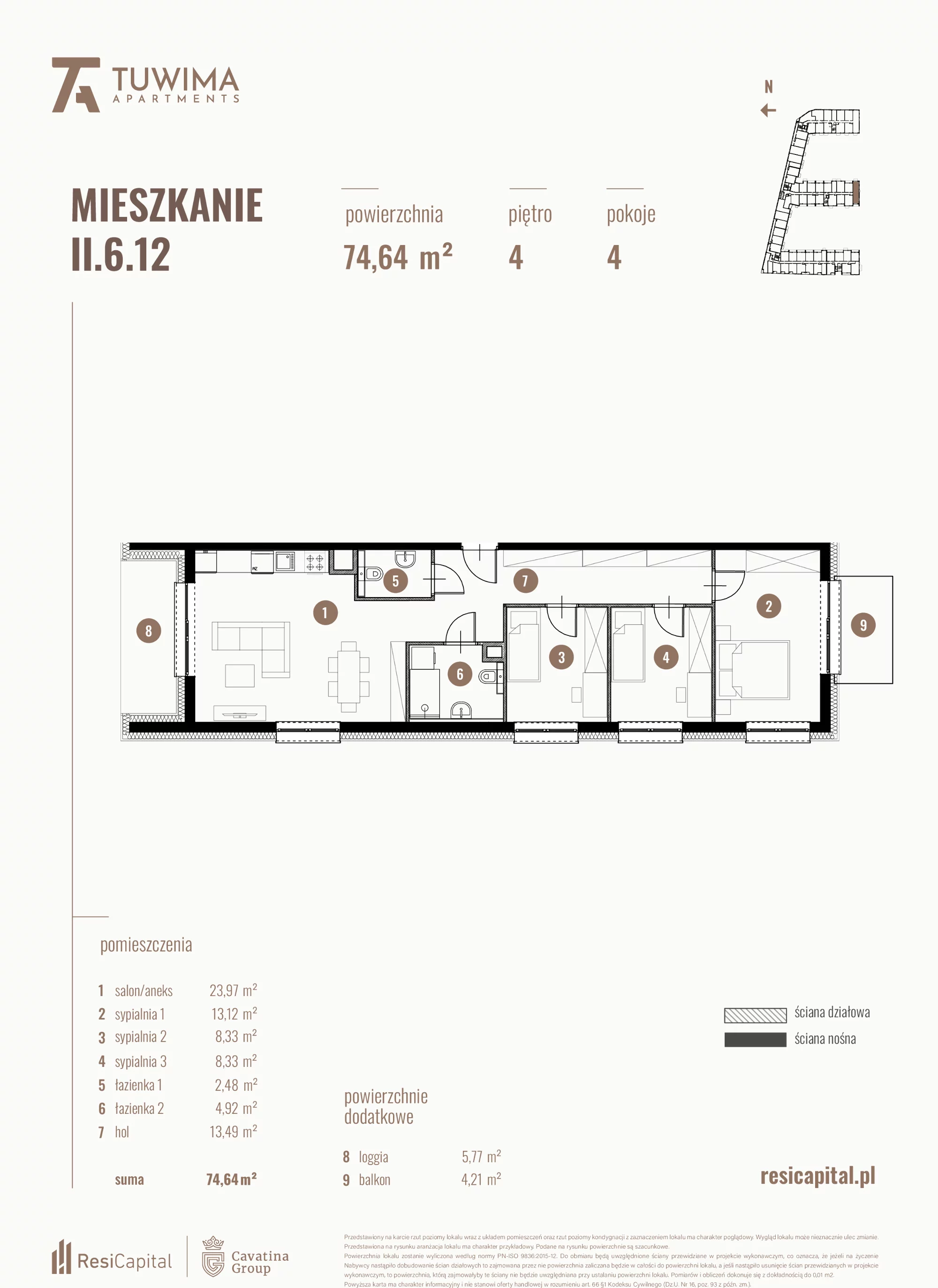 4 pokoje, mieszkanie 74,64 m², piętro 4, oferta nr II.6.12, Apartamenty Tuwima, Łódź, Śródmieście, ul. Juliana Tuwima