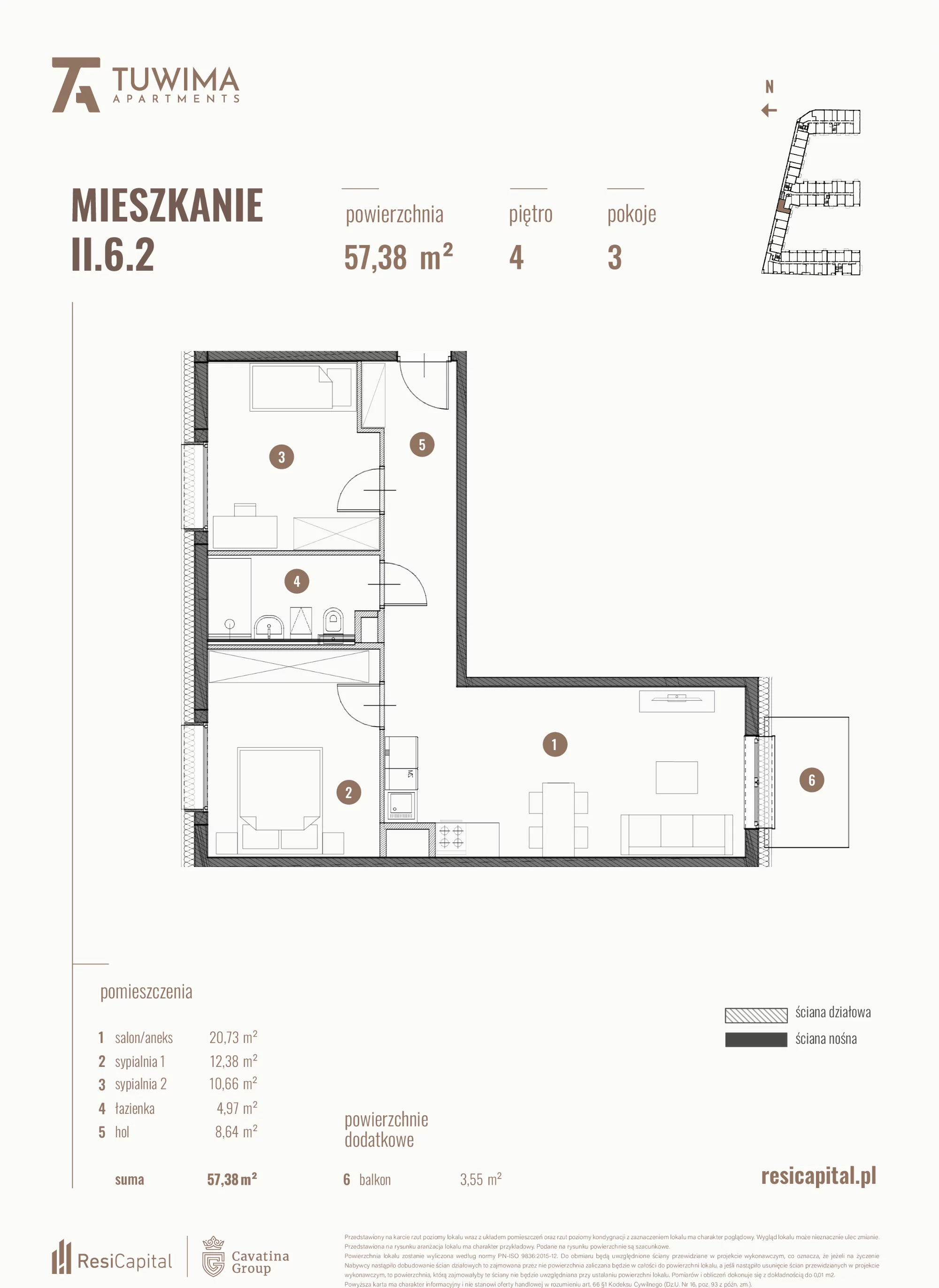 3 pokoje, mieszkanie 57,38 m², piętro 4, oferta nr II.6.2, Apartamenty Tuwima, Łódź, Śródmieście, ul. Juliana Tuwima