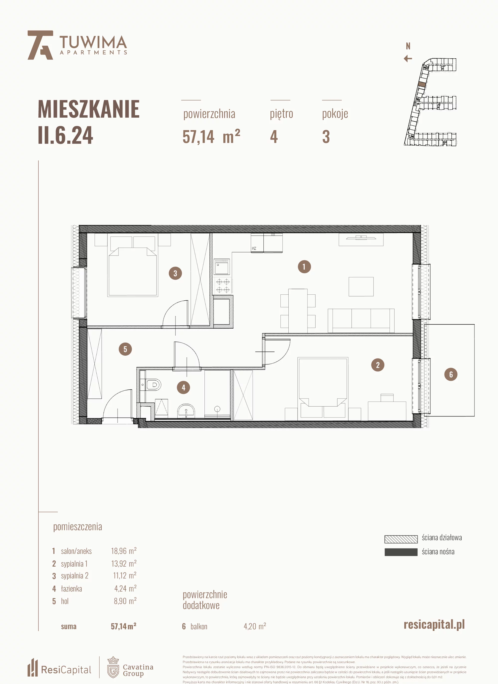 3 pokoje, mieszkanie 57,14 m², piętro 4, oferta nr II.6.24, Apartamenty Tuwima, Łódź, Śródmieście, ul. Juliana Tuwima