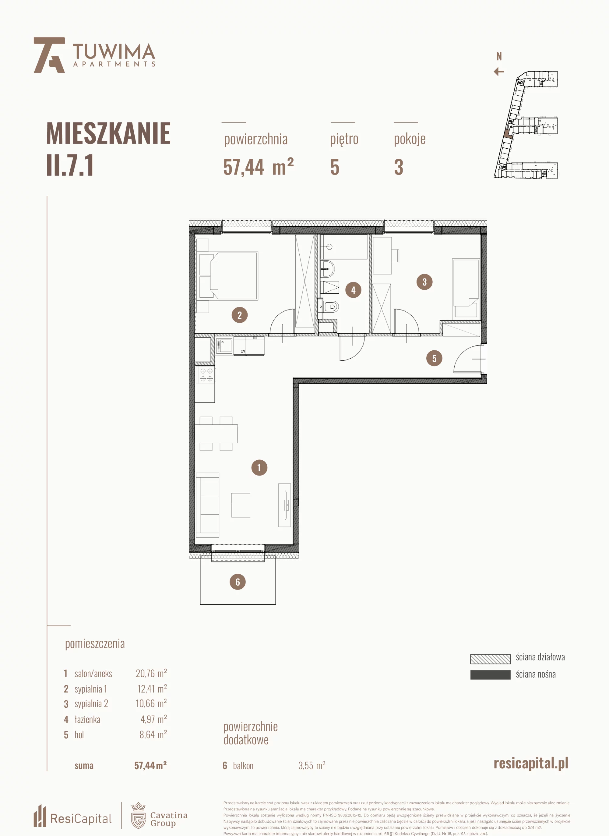 3 pokoje, mieszkanie 57,44 m², piętro 5, oferta nr II.7.1, Apartamenty Tuwima, Łódź, Śródmieście, ul. Juliana Tuwima