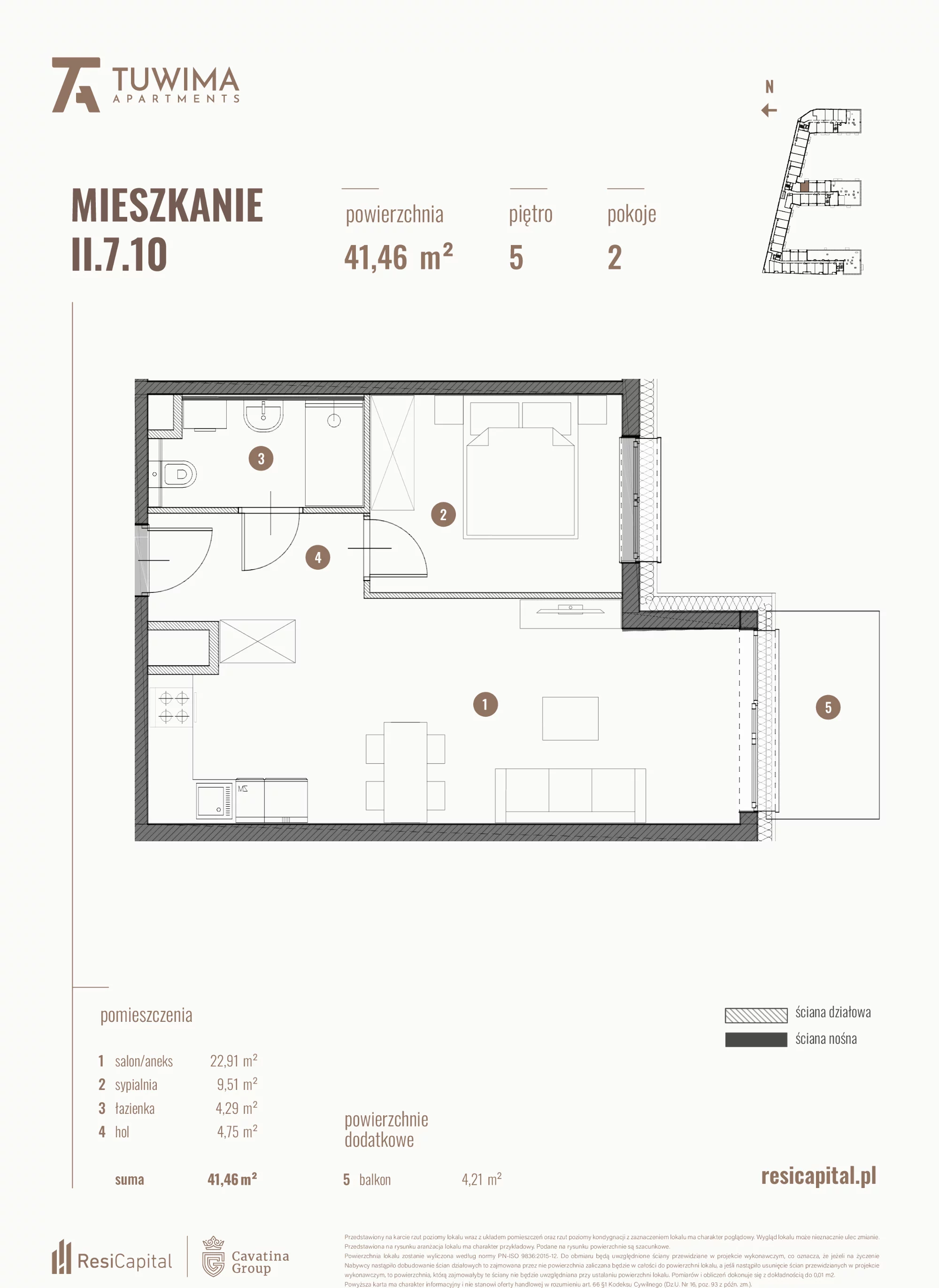 Mieszkanie 41,46 m², piętro 5, oferta nr II.7.10, Apartamenty Tuwima, Łódź, Śródmieście, ul. Juliana Tuwima